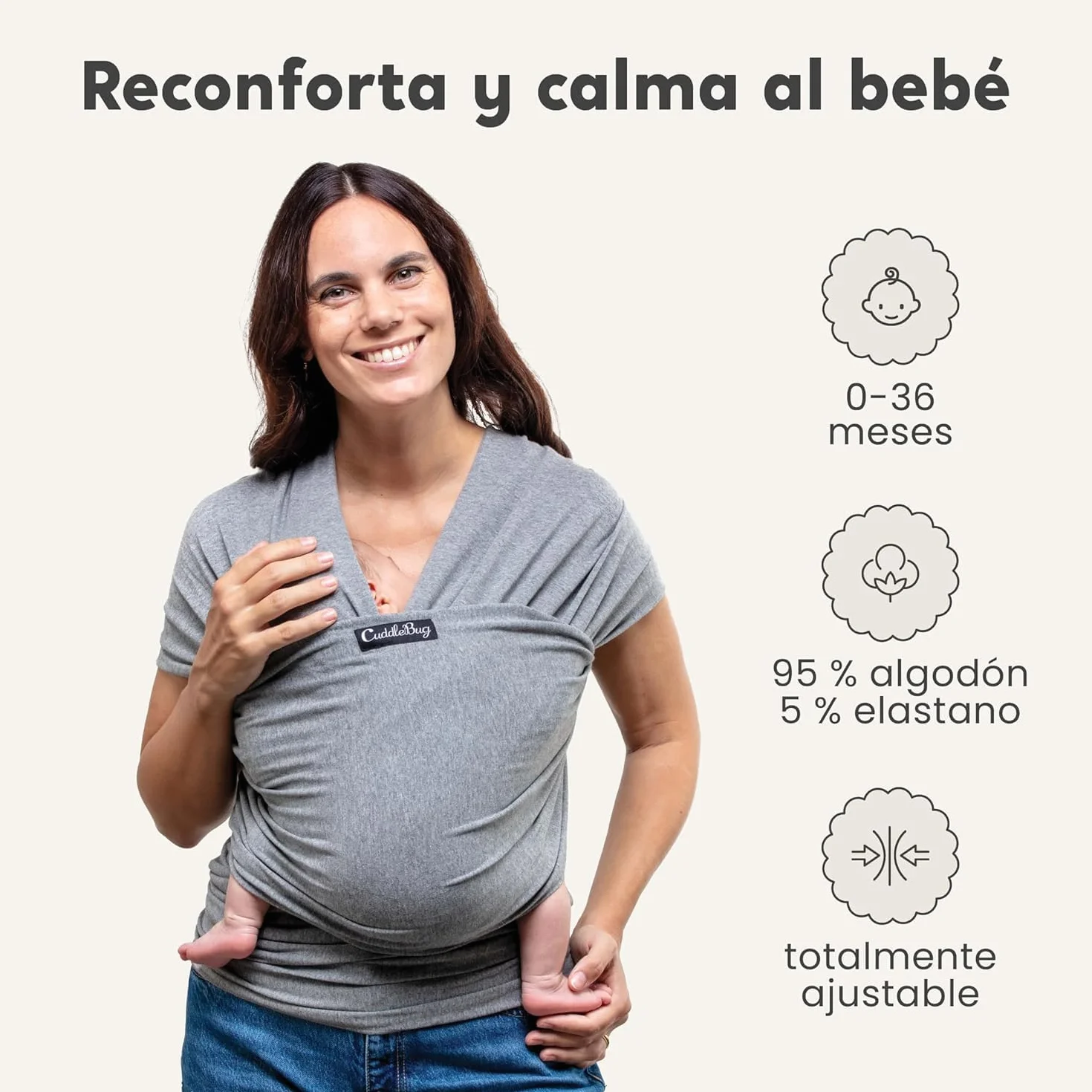 CuddleBug Fular Portabebés Recién Nacido hasta 16 Kg Manos Libres Tela Suave Elástico Talla Única Gris