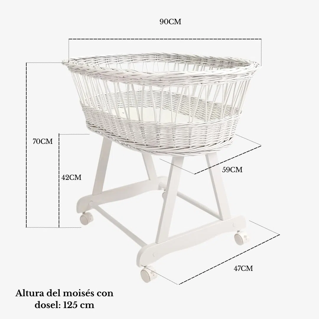 Wiklinopol Moisés con dosel Lena – Moisés de mimbre con estructura – Cesta para bebé en color blanco, juego completo con 5 piezas, ropa de cama de conejito rosa – con ruedas, portátil, segura