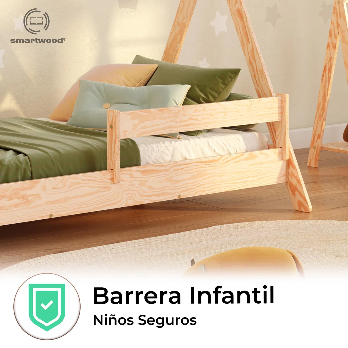 smartwood Cama Casita 80x160 cm - Cama Infantil Tipi de Madera de Pino FSC con Barandilla Anti-caídas y Somier de Lamas hasta 230 kg - para Niño y Niña - Montaje Fácil
