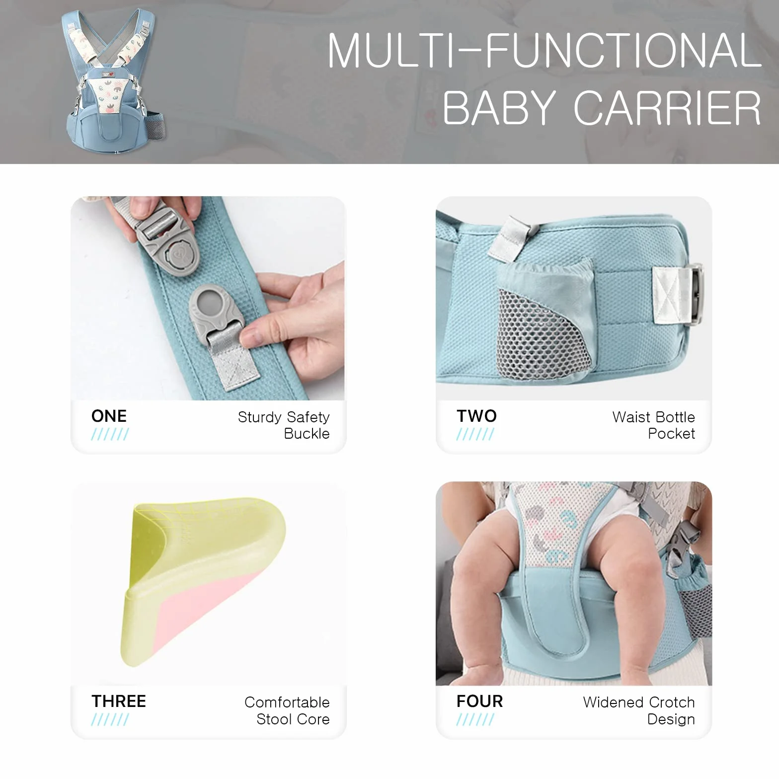 SONARIN Transpirable Simple Portabebé Asiento de Cadera,Mochila Portabebés con Asiento de Cadera Ergonómico Portador de Bebé Portabebés Multifuncional para Recién Nacidos 0-36 Meses(Gris)