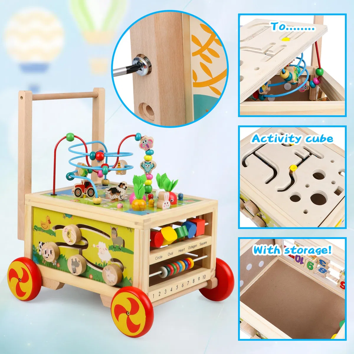 Cubo de móvil de Madera con Ruedas Adecuado para niños y niñas