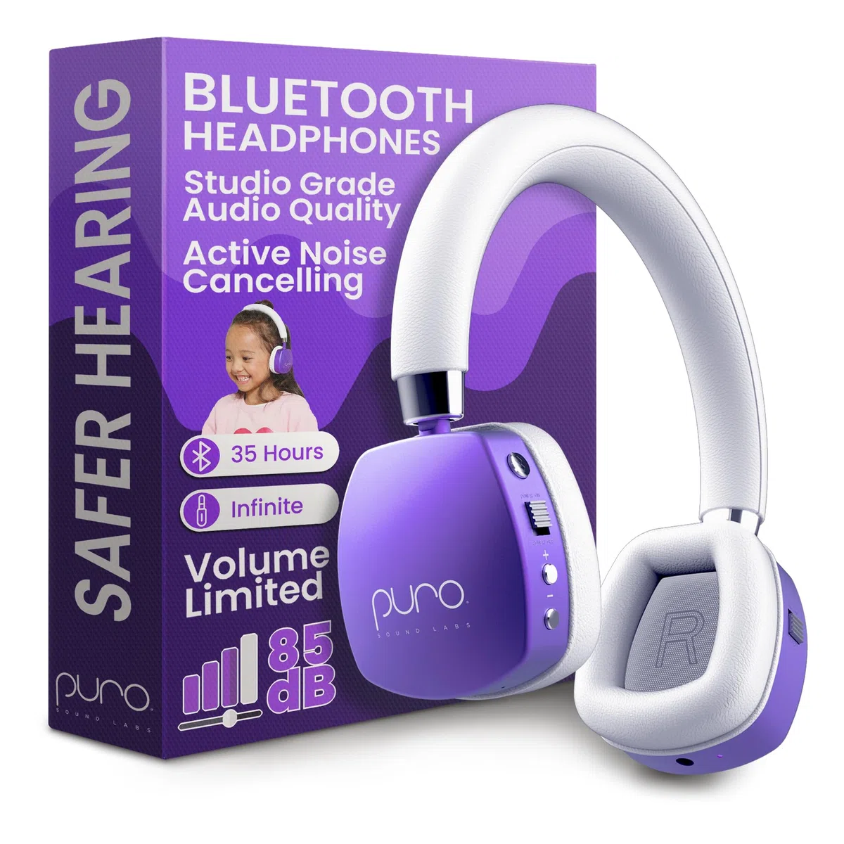 Puro Sound Labs PuroQuiet Plus - Auriculares Bluetooth supraaurales con cancelación activa de ruido, ligeros para niños con micrófono integrado, sonido más seguro, calidad de grado de estudio (morado)
