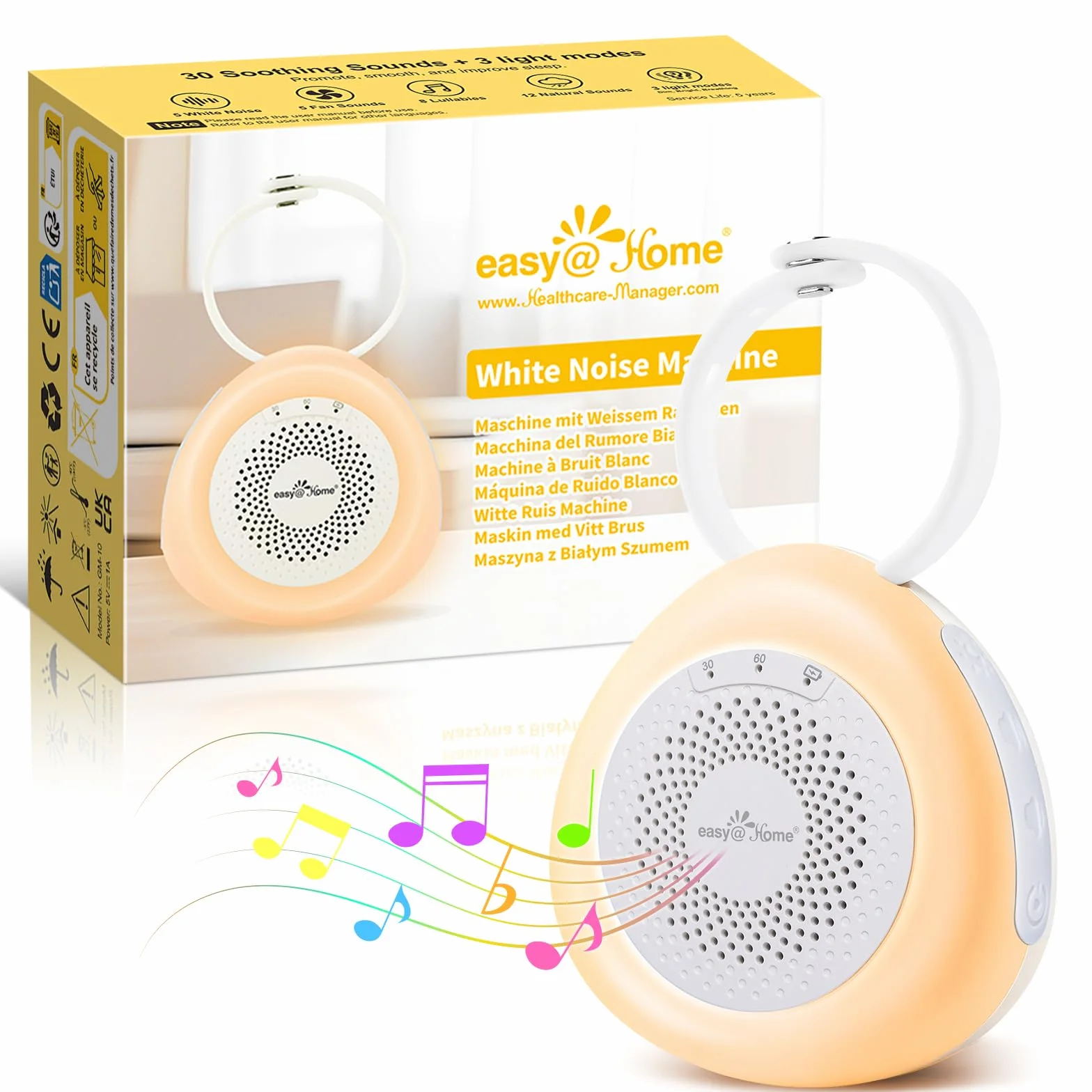 Easy@Home Máquina para ruidos blancos portátil con 30 sonidos relajantes, temporizador automático y luz nocturna | Ideal para bebés y adultos, generador de ruido blanco para dormir y relajarse