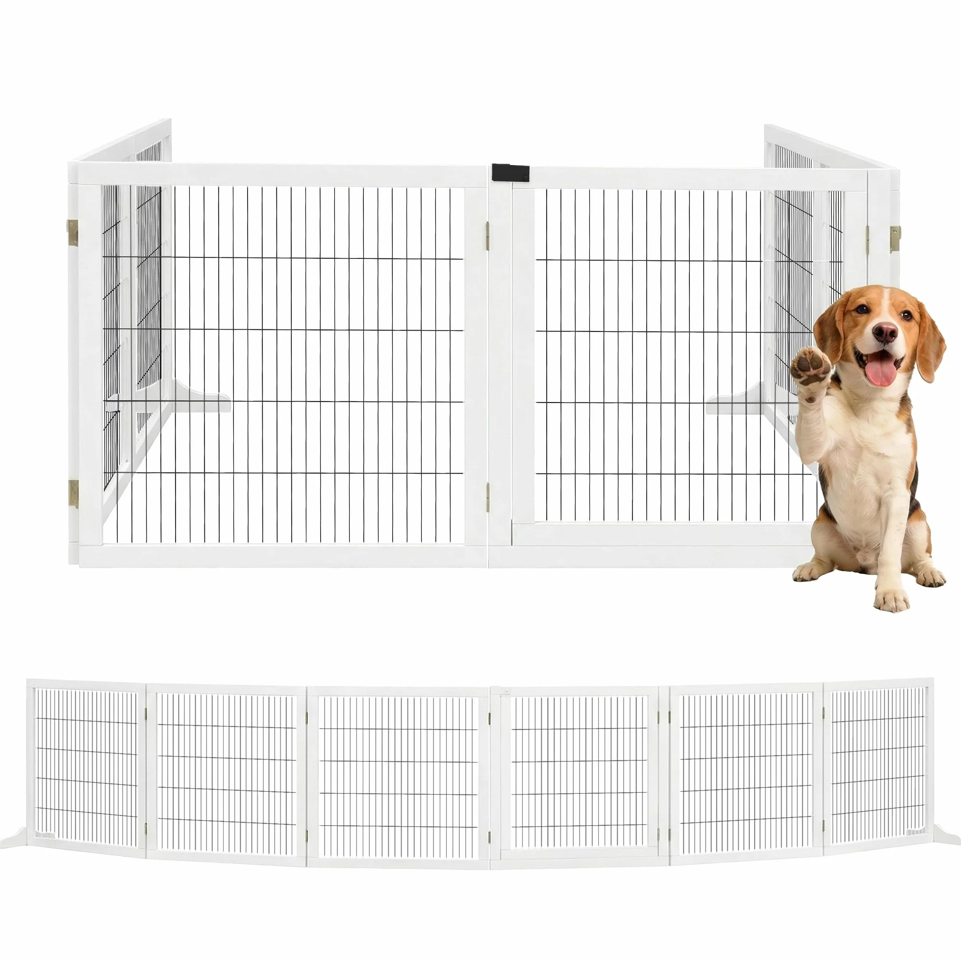 PawHut Barrera de Seguridad para Perros de Madera Plegable, para Escaleras y Puertas, Valla para Perros Pequeños y Medianos de 6 Paneles, con Soporte de Pie, para Interiores, 432x36x70 cm, Blanco