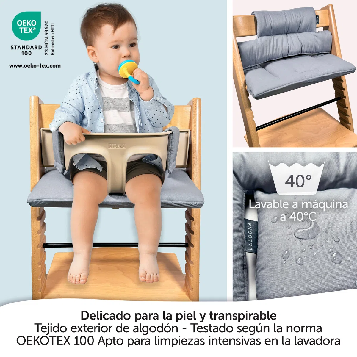 LaLolleera Cojín Trona Evolutiva de Madera para Stokke Tripp Trapp, Impermeable, Lavable OEKOTEX Standard 100 - Gris Revestido