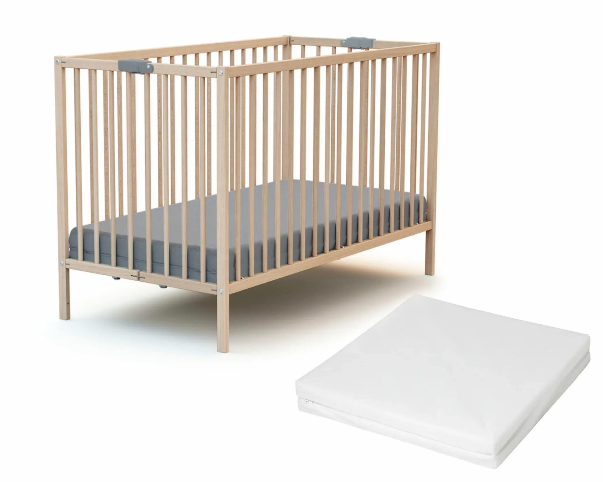 WEBABY - Cuna bebé plegable con colchón madera FLEX - Haya Cruda - 60 x 120-124 x 64.50 x 82 cm