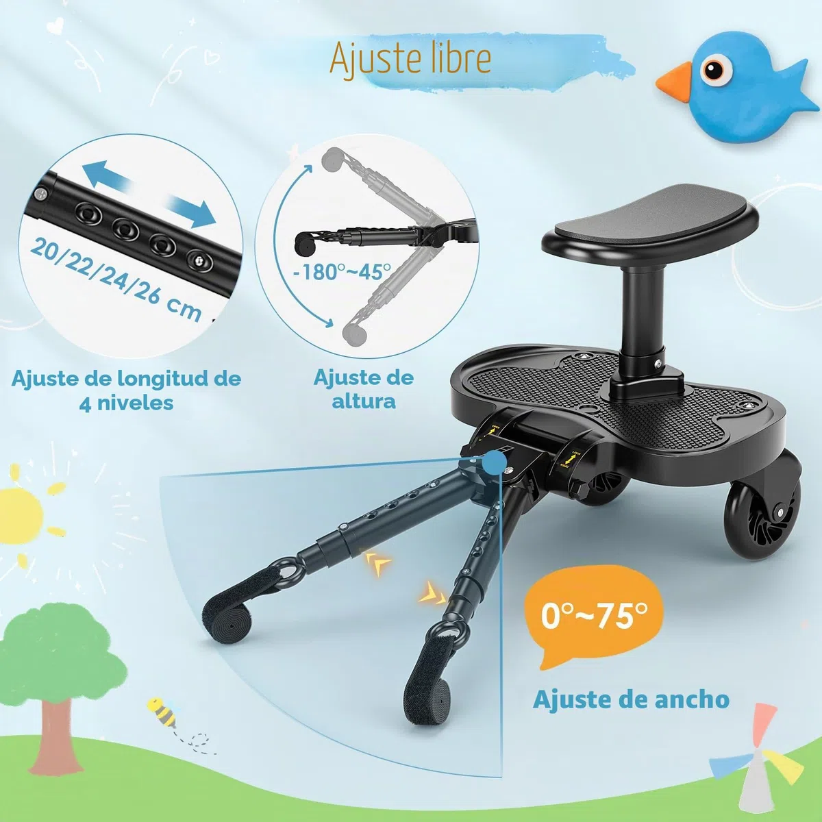 Patin Carro Bebe Universal con Asiento,Buggy Board portátil para niños,Diseño estable de dos ruedas,con correa de suspensión, Accesorio para cochecito para niños de 2 a 6 años (25 kg)