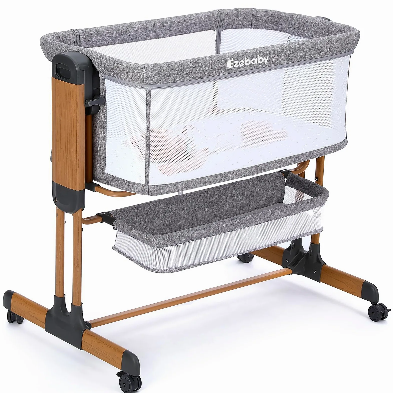 Ezebaby Cuna de Colecho para Bebé 3 en 1,Moisés Balancín,Mecedora para Recién Nacidos para el Hogar y Viajes con Ruedas Ajustables en 7 Alturas (Veta de Madera)