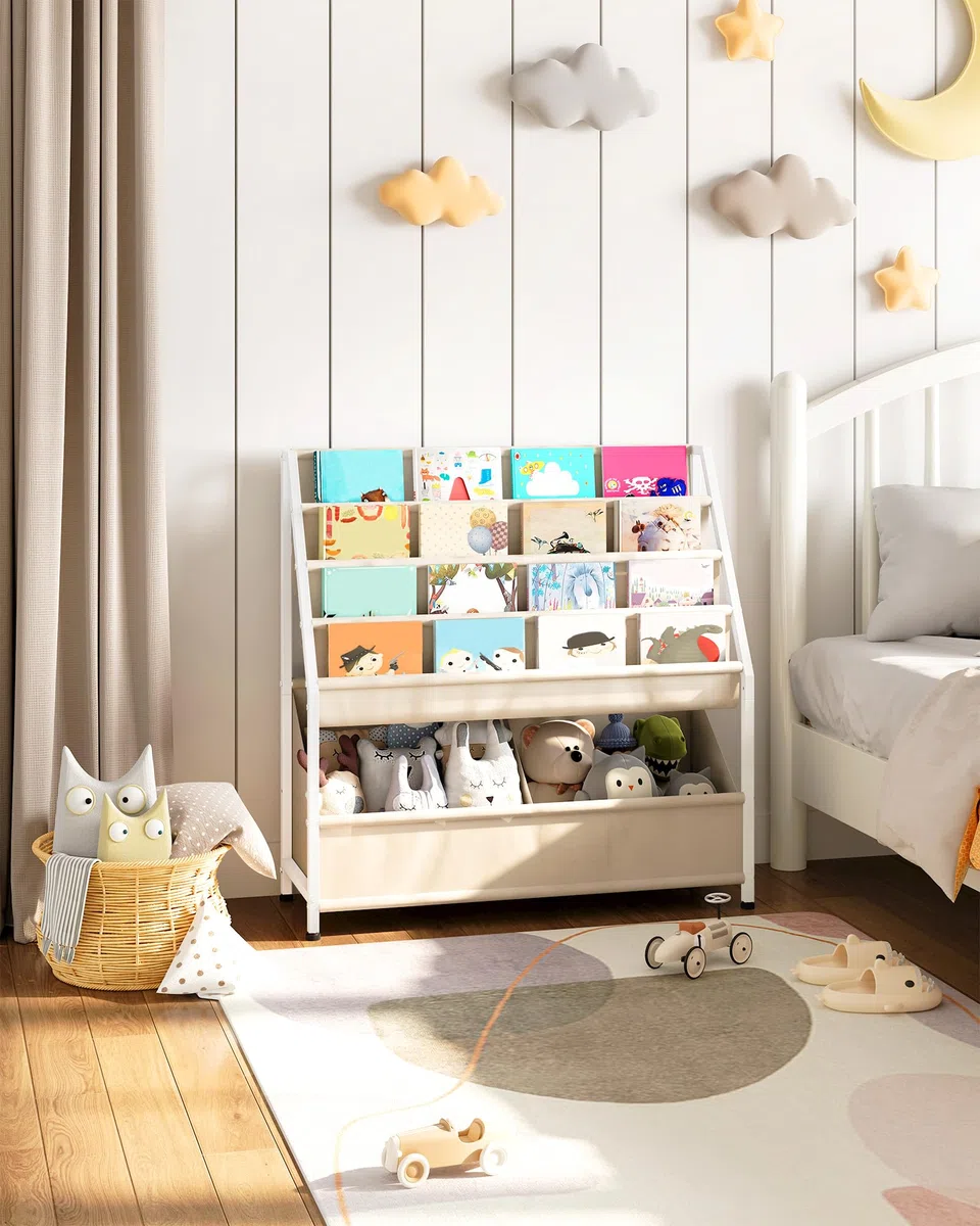 CHOEZON Estantería Infantil de 4 Estantes en Tela Oxford, Libería Organizador de Juguetes, Organizador de Revistas y Libros de Gran Capacidad para Niños de 3 a 8 Años, Beige DTCW09WM