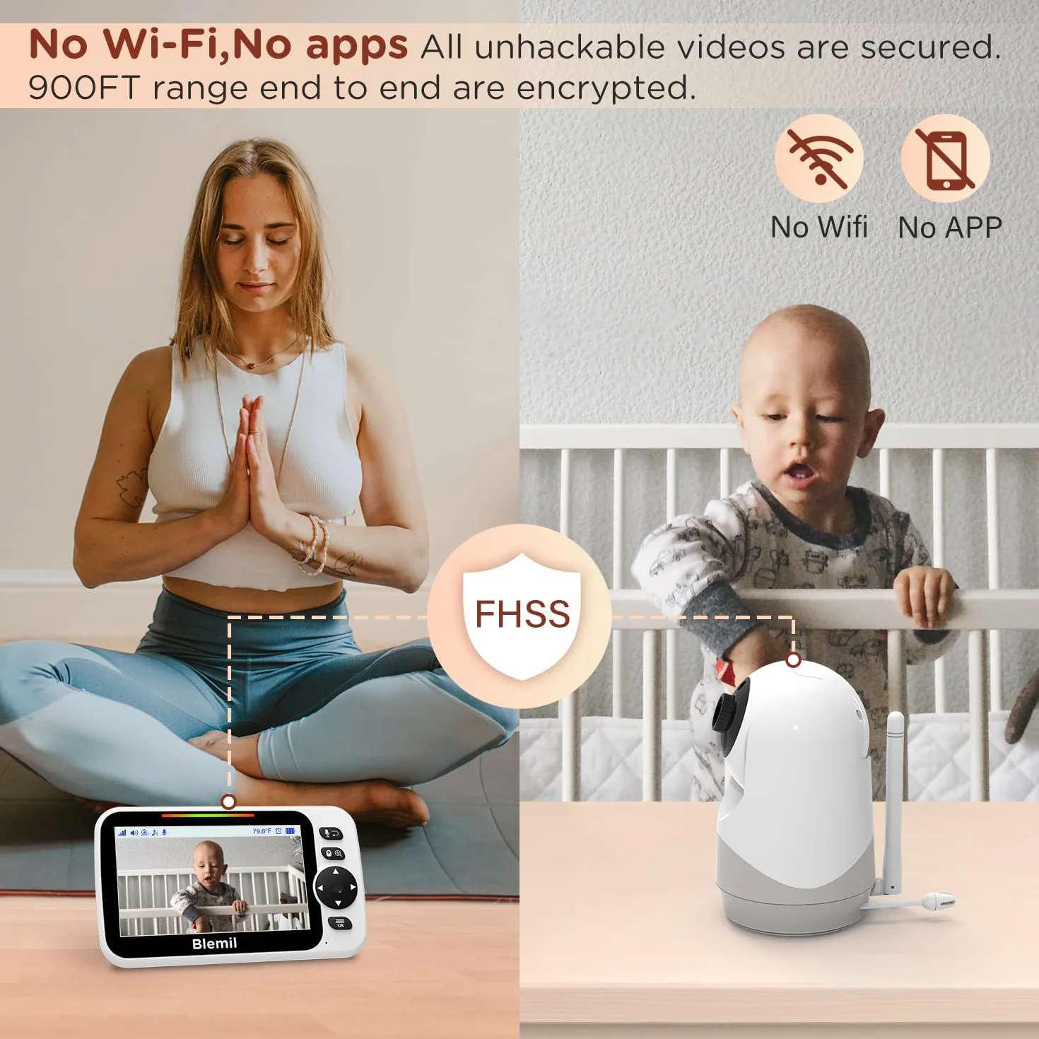 Blemil Monitor para bebés con batería de 30 Horas, Monitor para bebés de vídeo de Pantalla Grande de 5 Pulgadas con cámara y Audio, visión Nocturna, lulabies, sin WiFi
