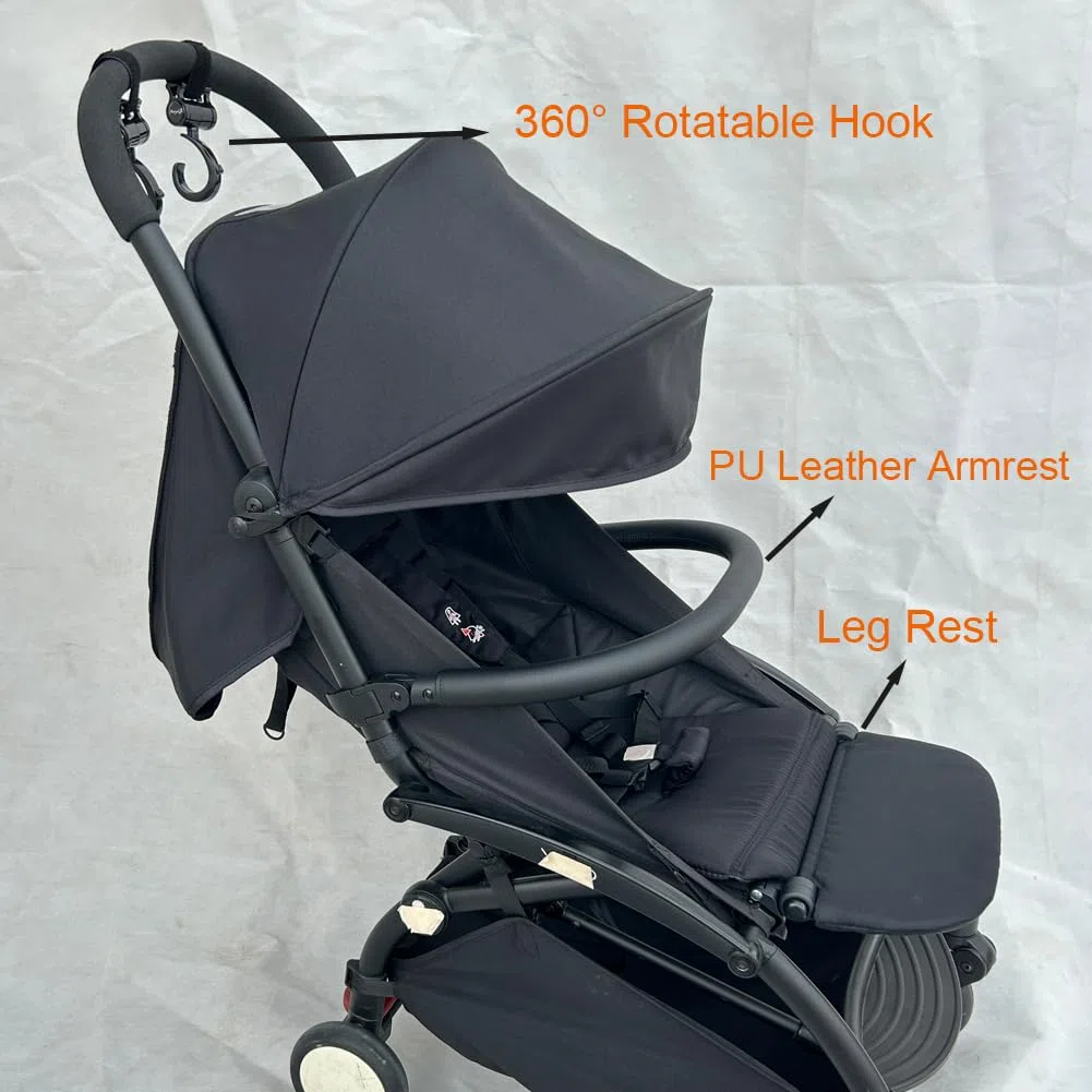 3pcs/set accesorios cochecito de piel sintética apoyabrazos reposapiés y ganchos compatibles con los cochecitos Babyzen YOYO 2 y YOYO+ (Negro)