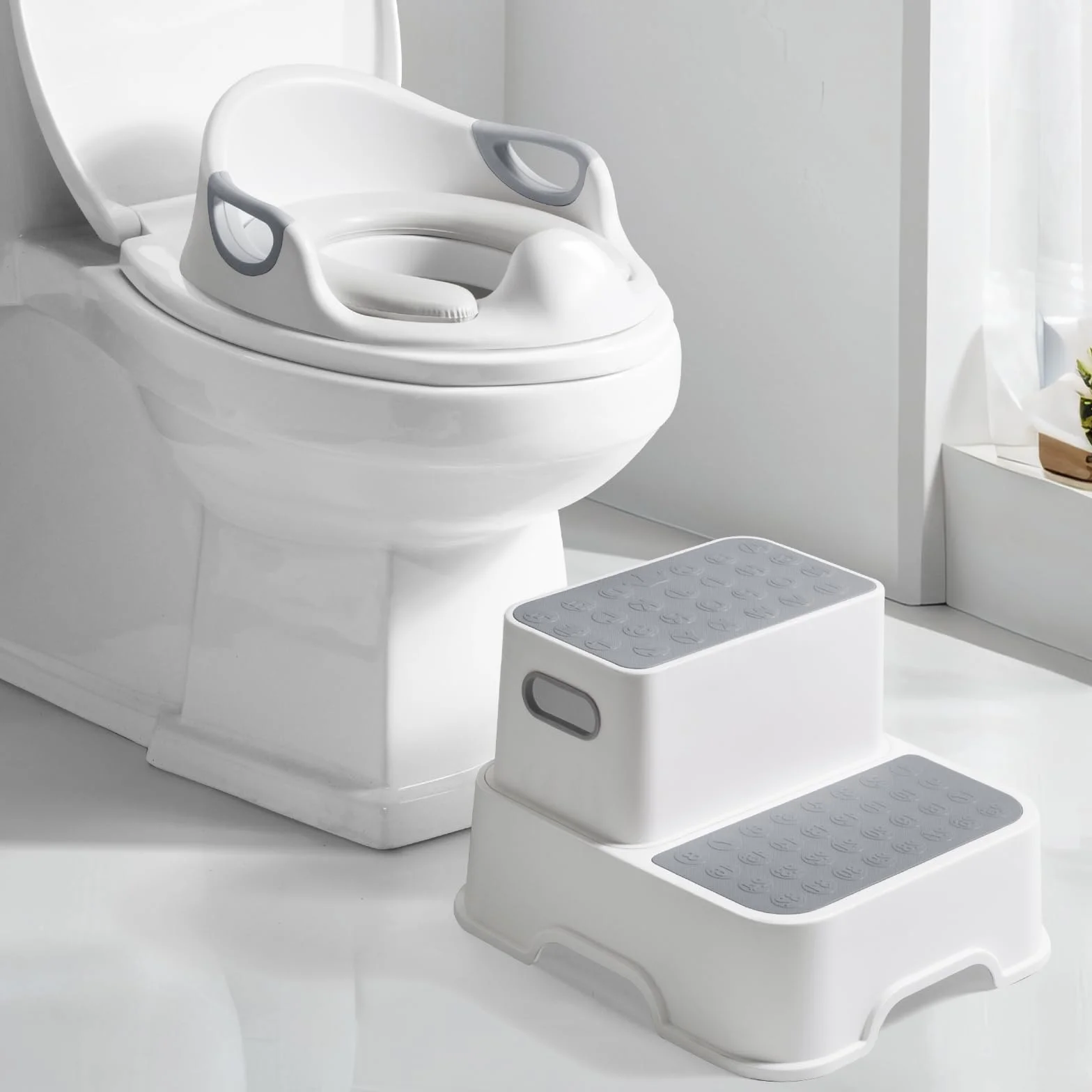 DEANIC Adaptador WC Niños con Escalon Infantil, Reductor WC Niños con 2 Almohadillas, Adaptador Baño para Niños con Escalon Peldaño, Bebe WC De 1 a 6 Años, 2 Cojines 1 Cepillo (Gris)