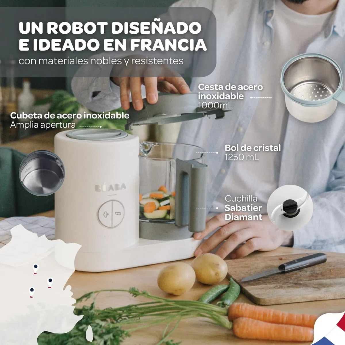 BÉABA Babycook Neo, Robot de cocina infantil, tritura, cocina y cuece al vapor, Rápido en 15 minutos, Recipiente de vidrio y cesta de acero inoxidable, Para Bebés y Niños, Gris/Blanco