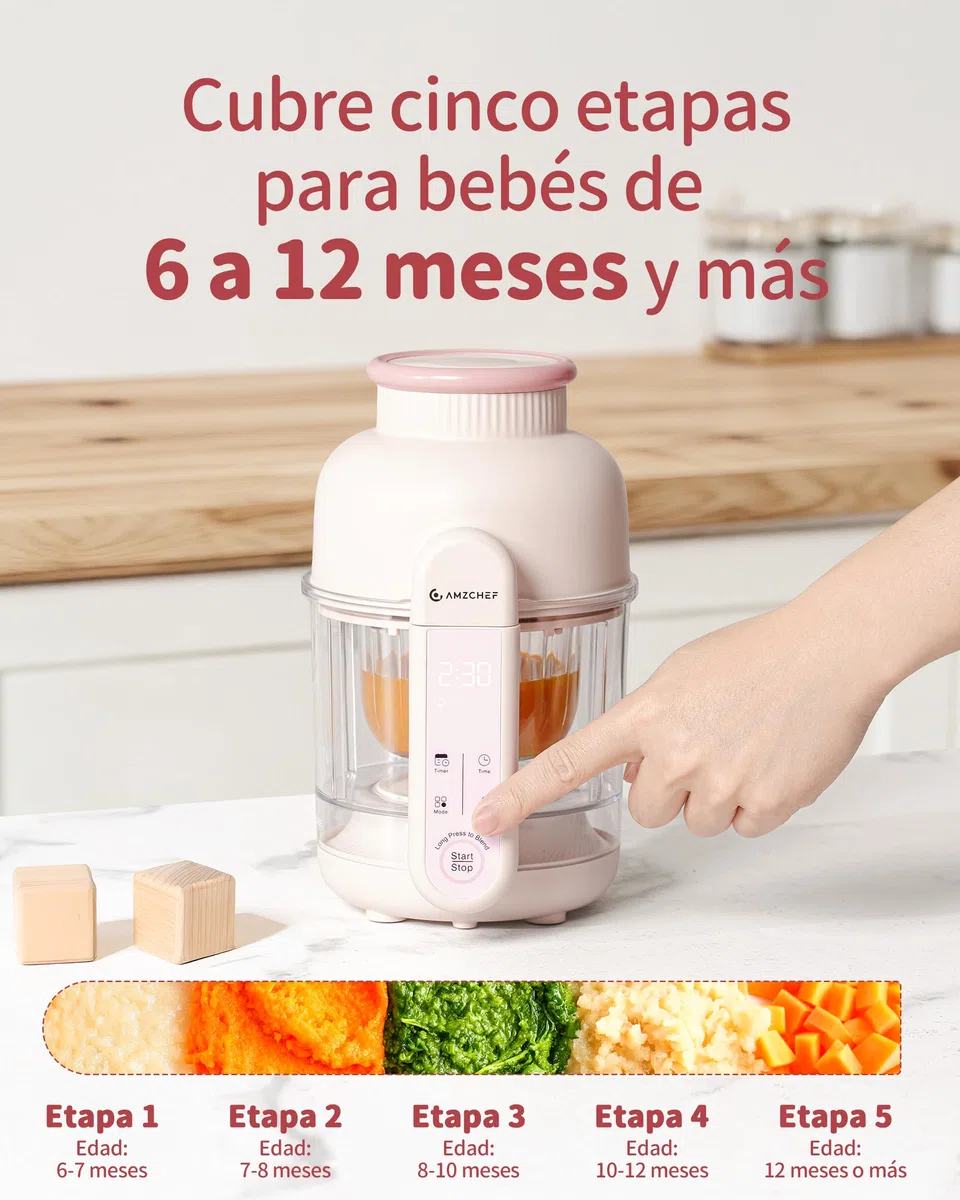 AMZCHEF Robot de cocina para bebé 6-en-1 Vaporera & Licuadora – Programas por Etapas de Edad 1–5, Libre de BPA – Cocinar al Vapor, Triturar, Puré, Descongelar, Auto-Limpieza – Control Táctil