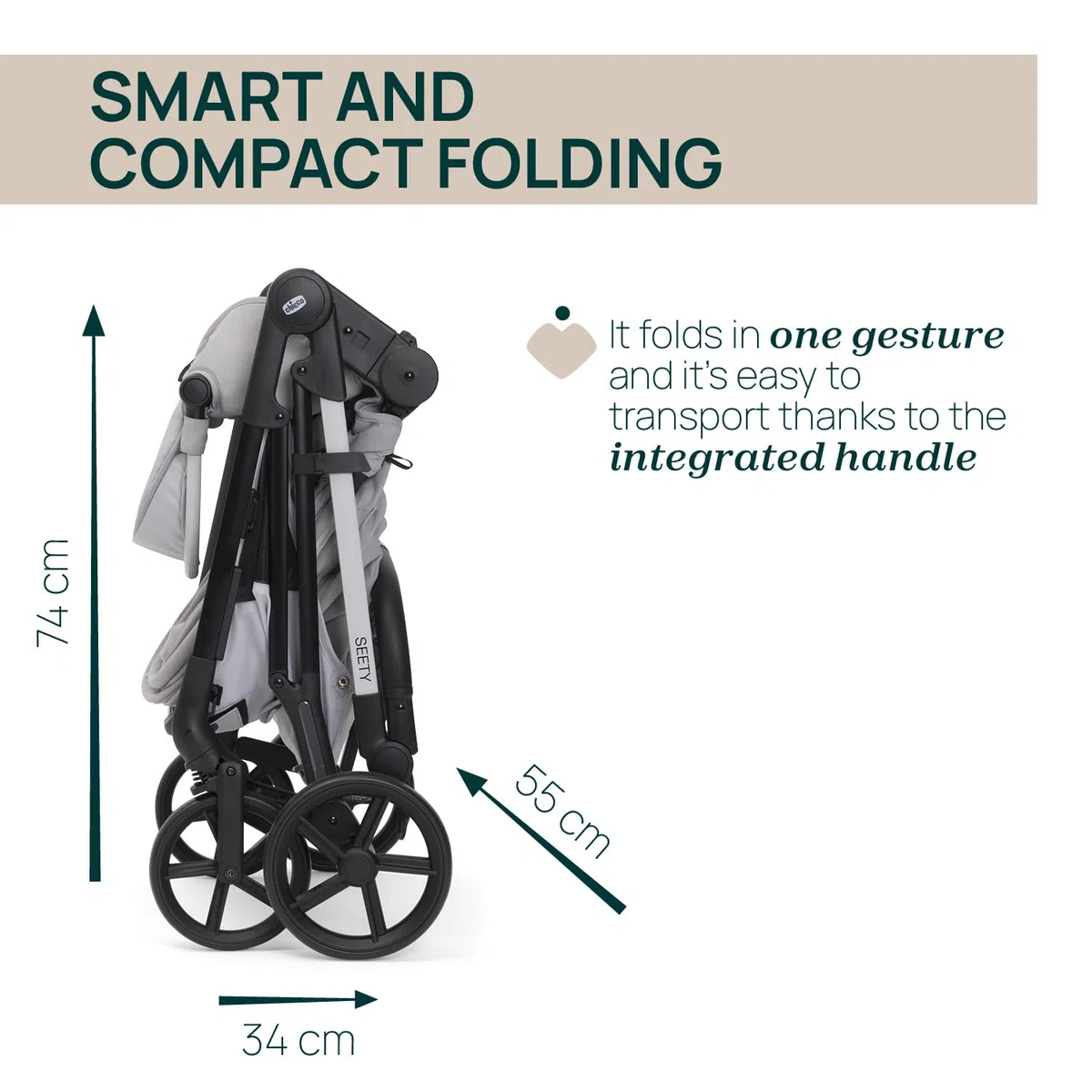Chicco Cochecito Seety, Cochecito Ligero y Compacto De 0 Meses a 4 Años, Capacidad Máxima 22 kg, Cochecito Plegable,Respaldo Reclinable,Cierre Automático con 1 Movimiento, Capota Parasol y Cubrelluvia