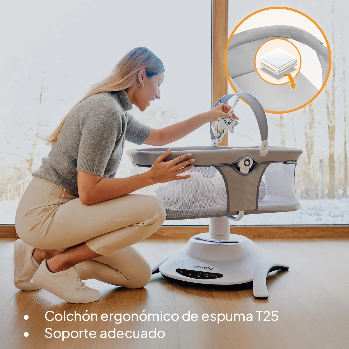 LIONELO Bella Set 2 en 1 - Hamaca eléctrica con capazo 360o para bebés de hasta 9 kg, respaldo reclinable, 5 velocidades de balanceo Cinturón de seguridad antideslizante