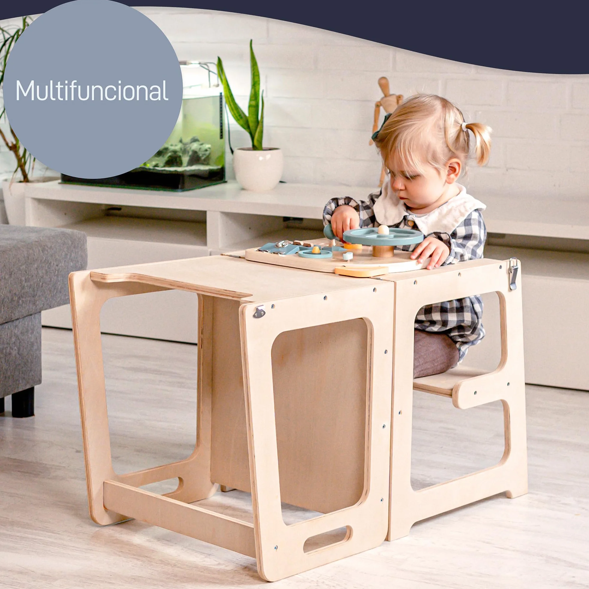 Torre Aprendizaje Montessori Plegable Convertible Mesa Silla Madera