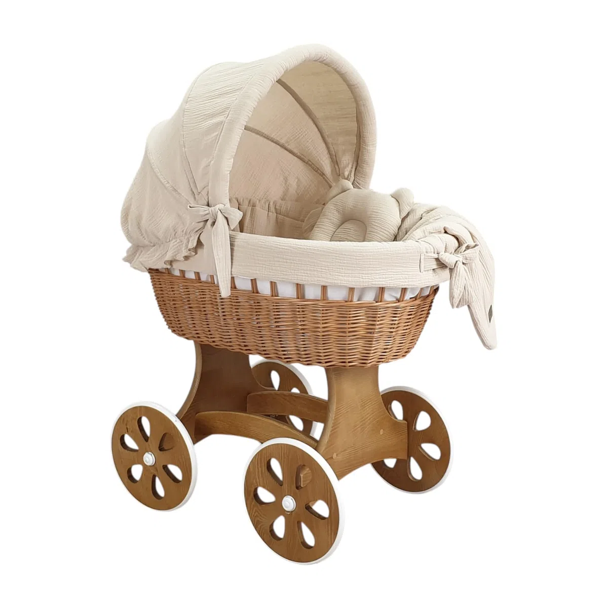 Wiklinopol Moisés de Mimbre para Bebé con Soporte de Madera y Ruedas Annabell – Cuna con Colchón y Ropa de Cama 5 Piezas Muselina Beige – Cochecito Natural para Recién Nacido