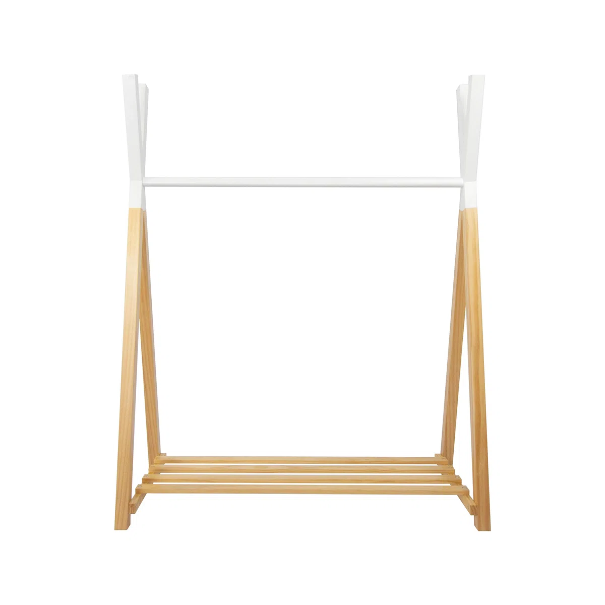 Puckdaddy - Perchero Infantil Hugo 115 x 50 x 142 cm de Pie - Madera Maciza de Pino, Diseño Tipi Blanco Natural - Colgador de Ropa con Zapatero para la Habitación Infantil y del Bebé