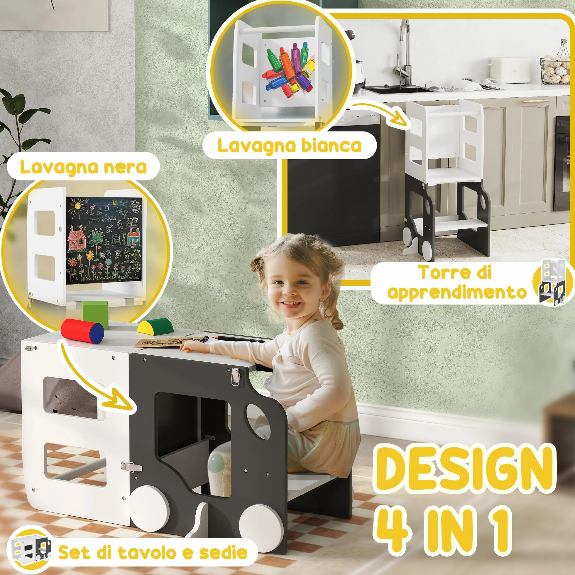 AIYAPLAY Torre de Aprendizaje Montessori 4 en 1 Taburete para Niños +3 Años 58x46x92 cm Blanco y Gris