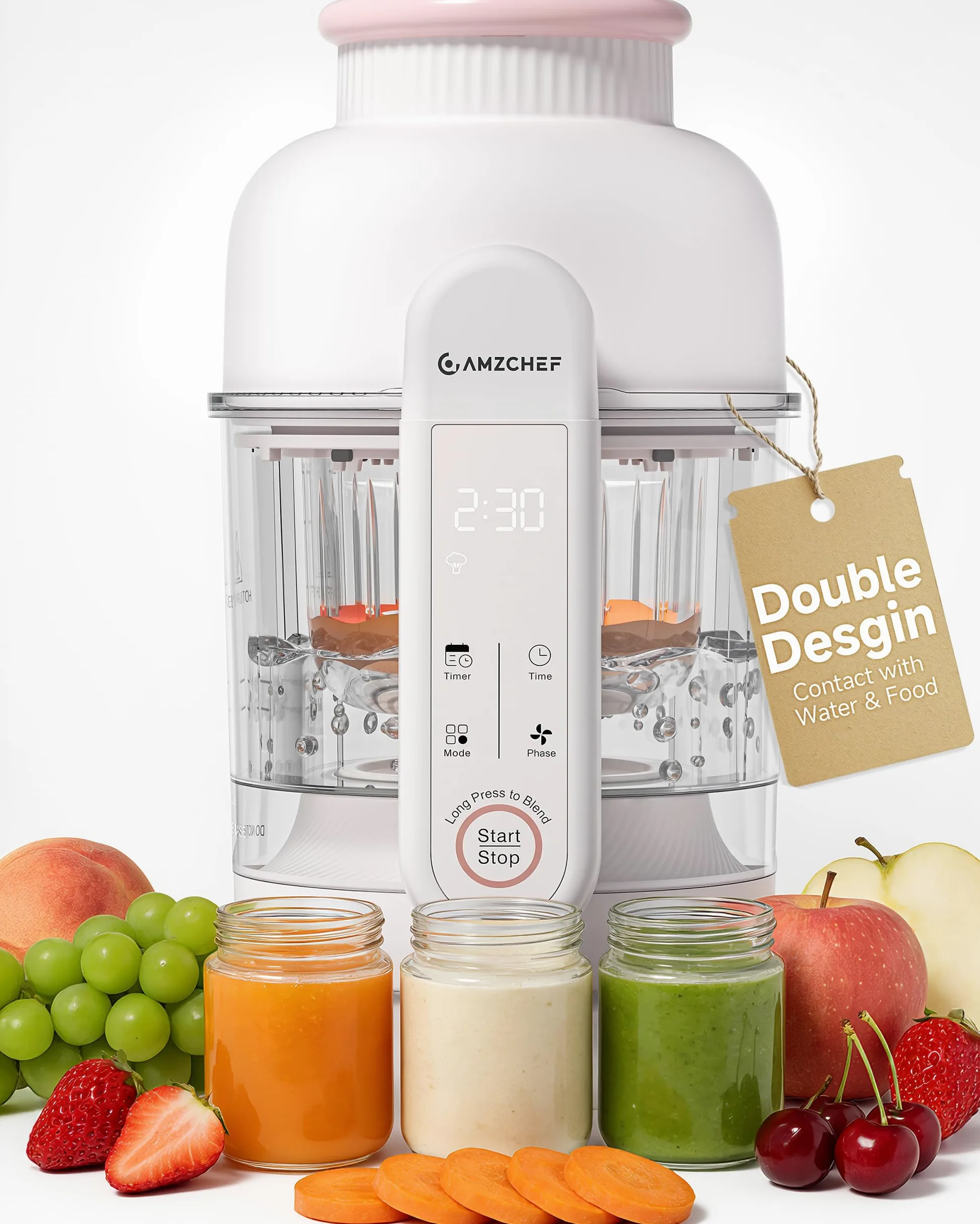 AMZCHEF Robot de cocina para bebé 6-en-1 Vaporera & Licuadora – Programas por Etapas de Edad 1–5, Libre de BPA – Cocinar al Vapor, Triturar, Puré, Descongelar, Auto-Limpieza – Control Táctil