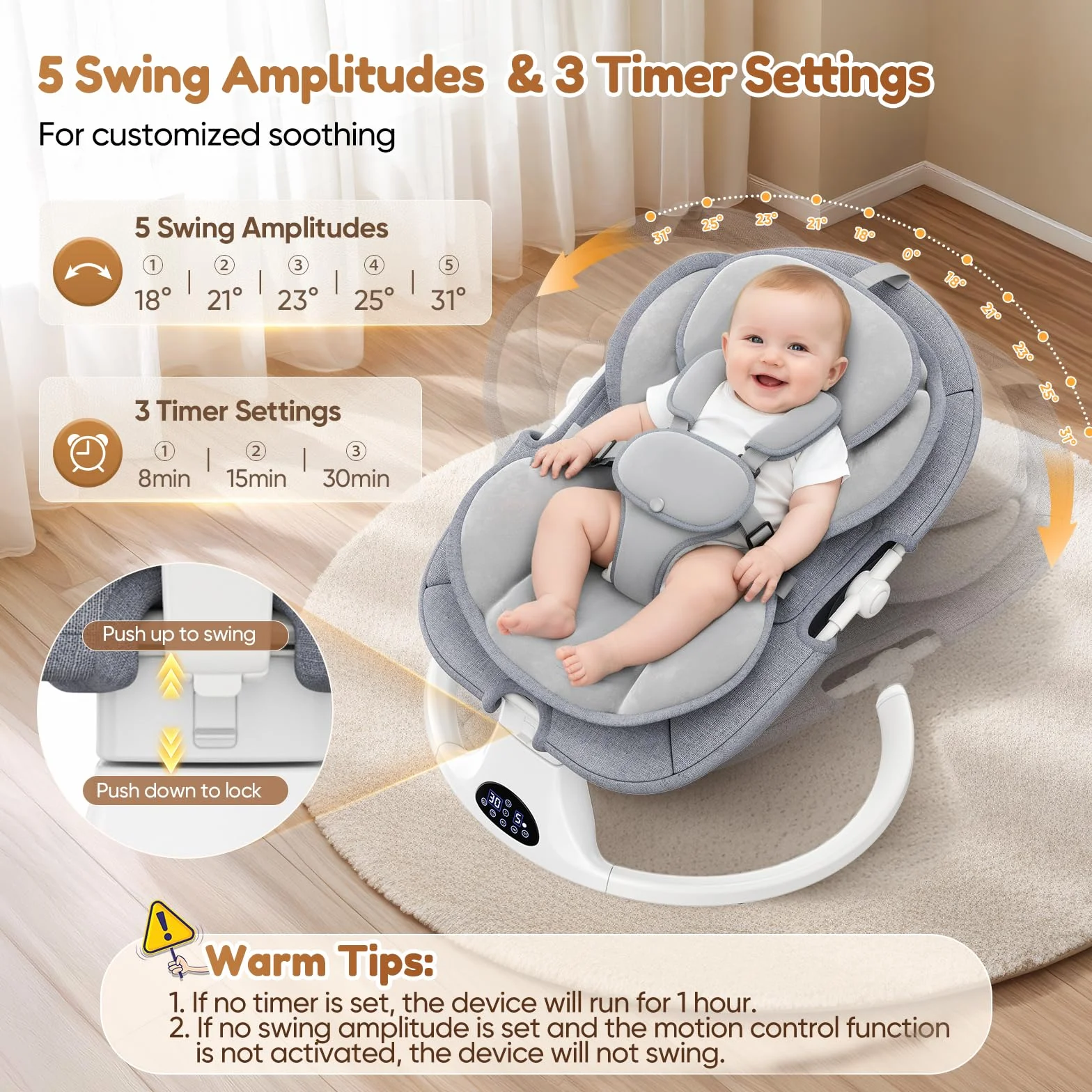 Respaldo Ajustable Hamaca para Bebé, Eléctrica Silla Mecedora de Bebé con Cojín Desmontable y Mesa Auxiliar Desmontable, Control Remoto Hamaca Bebe 5Velocidades de Columpio y 12 Melodias (Gris)