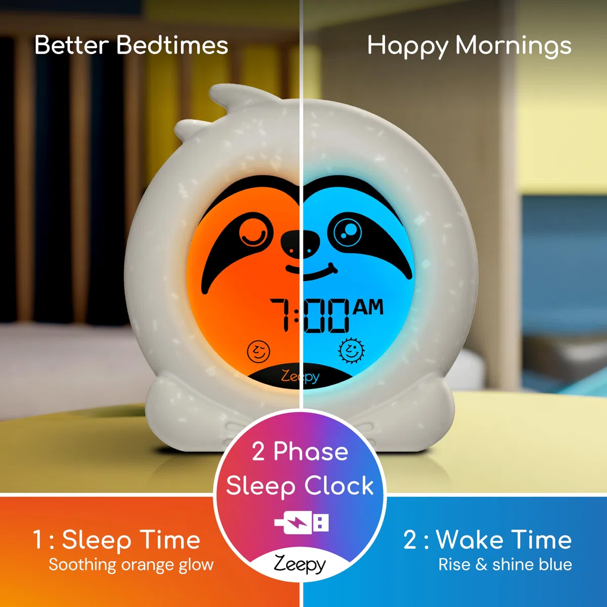 Zeepy Reloj de entrenamiento de sueño de 2 fases | Reloj para niños pequeños alimentado por USB | Reloj de entrenamiento de sueño a prueba de caídas para niños | Iluminación amigable para dormir para