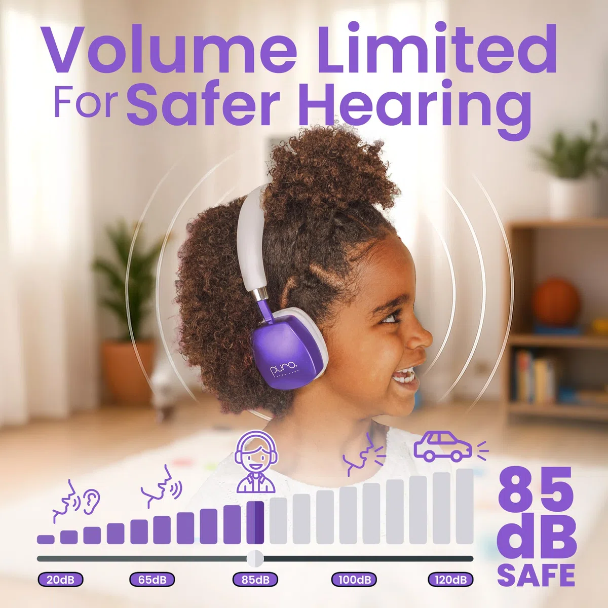 Puro Sound Labs PuroQuiet Plus - Auriculares Bluetooth supraaurales con cancelación activa de ruido, ligeros para niños con micrófono integrado, sonido más seguro, calidad de grado de estudio (morado)