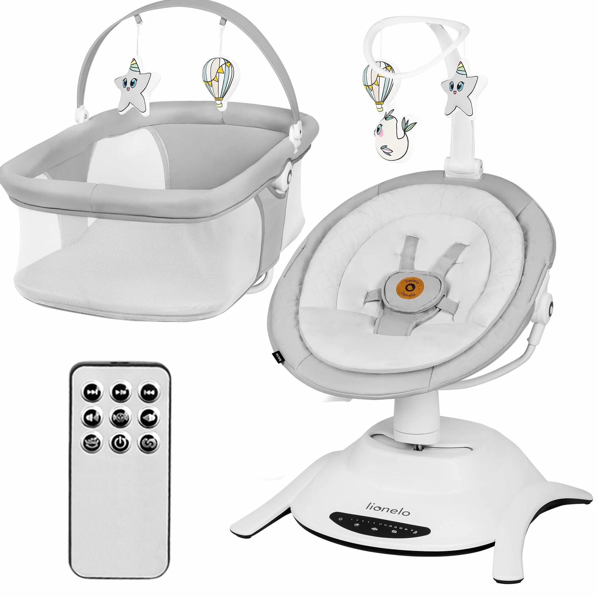LIONELO Bella Set 2 en 1 - Hamaca eléctrica con capazo 360o para bebés de hasta 9 kg, respaldo reclinable, 5 velocidades de balanceo Cinturón de seguridad antideslizante