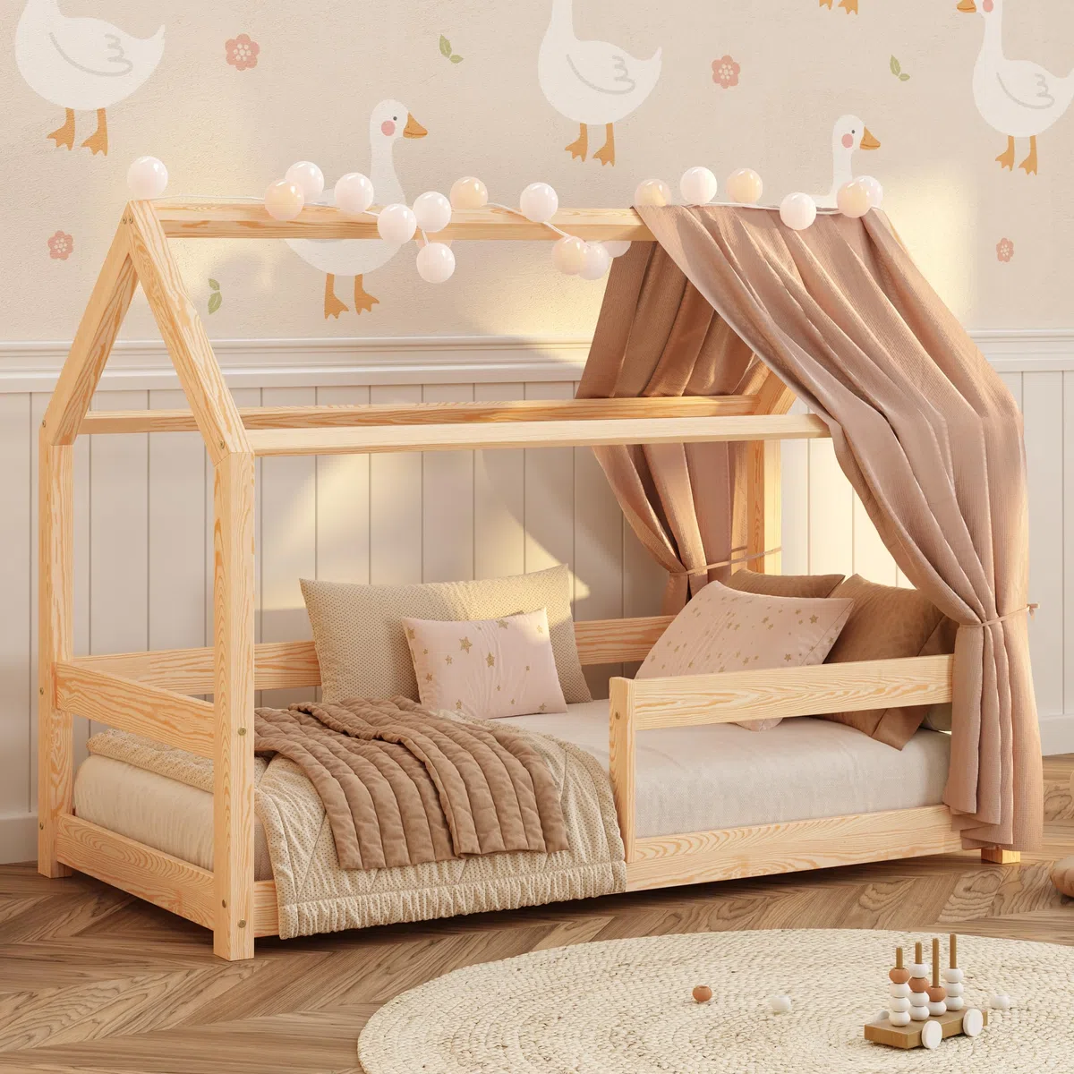 smartwood Cama Casita 90x190 cm de Madera Maciza - Cama Montessori con Barandilla y Somier hasta 230 kg - Diseño Escandinavo - para Niños y Niñas - Montaje Fácil - Milo