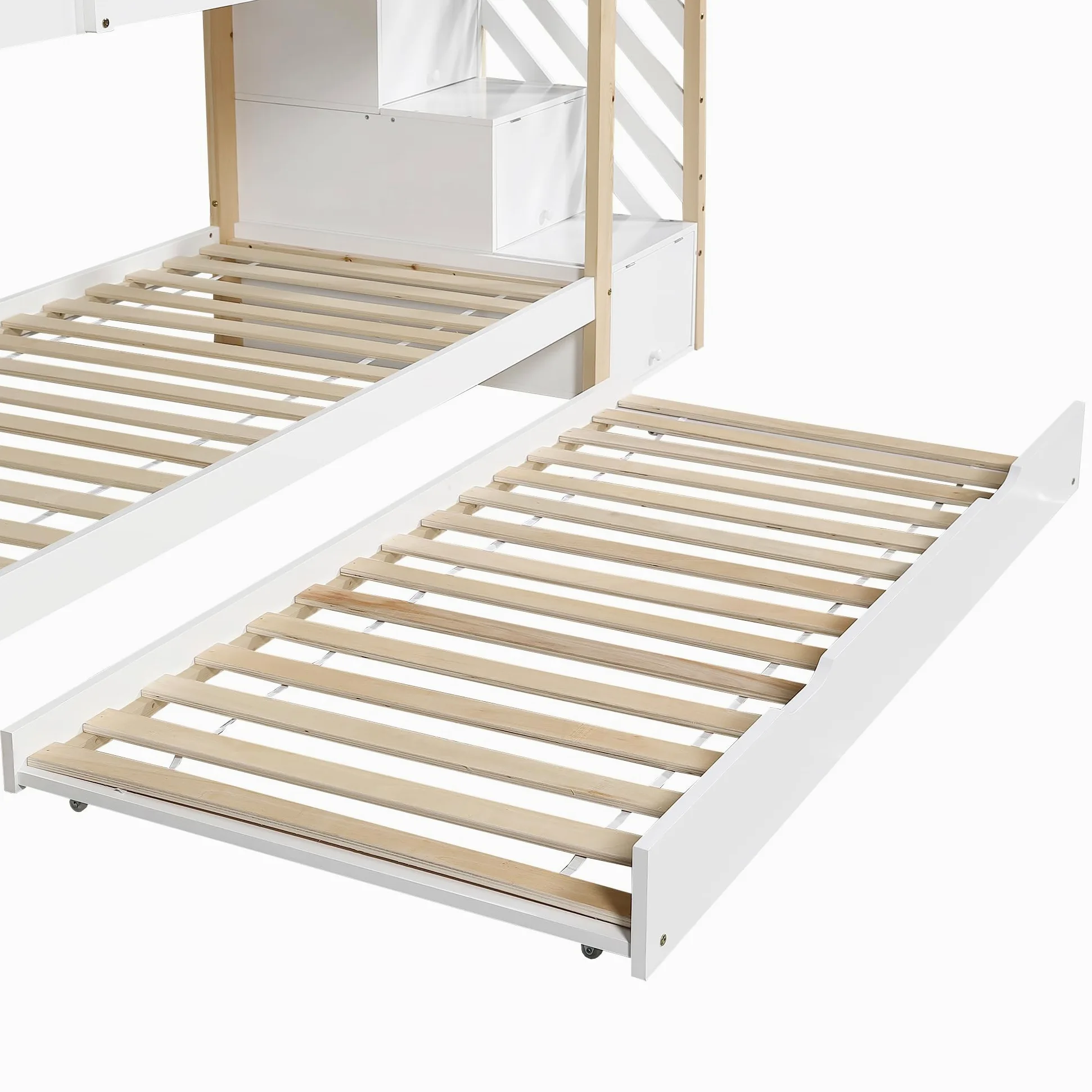 Moimhear litera con casa del árbol extensible, cama corrediza, escalera con 4 cajones, cama infantil con protección contra caídas y reja de cama infantil, con somier, Natural+Blanco (90x200cm