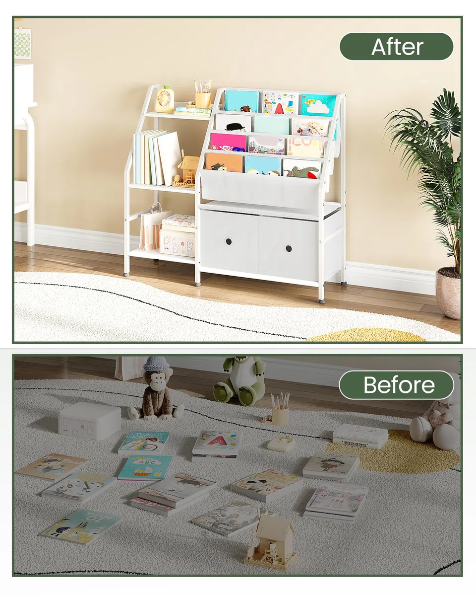 CHOEZON Estantería para niños de 39.4 pulgadas, estantería de 4 niveles para habitación de los niños, estante de libros para niños con estante de almacenamiento de juguetes de 3 niveles y 2 cajones