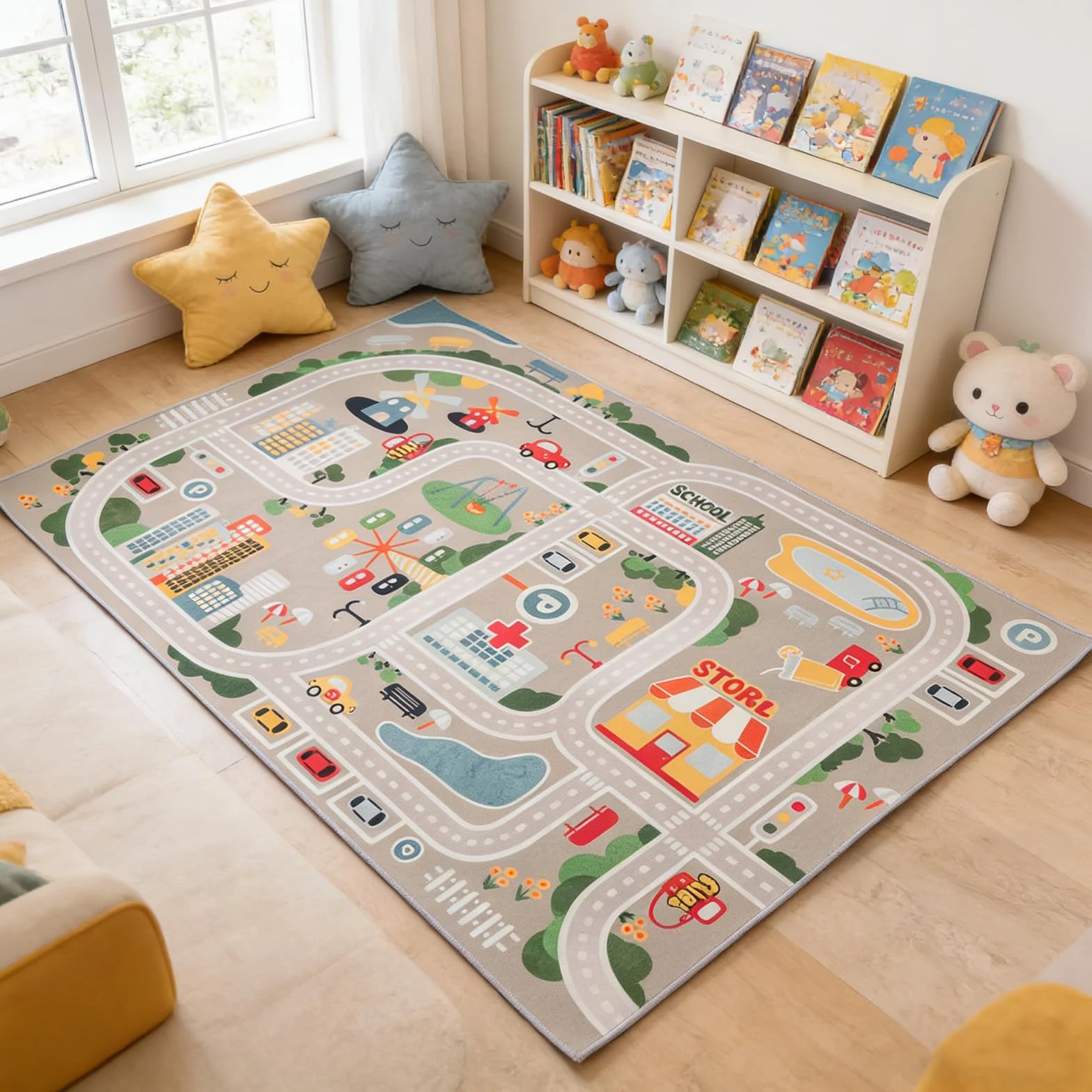 Alfombra para niños Alfombra de Juego Street Car Universo Animal Azul Verde Gris Gris 10 Tamaños