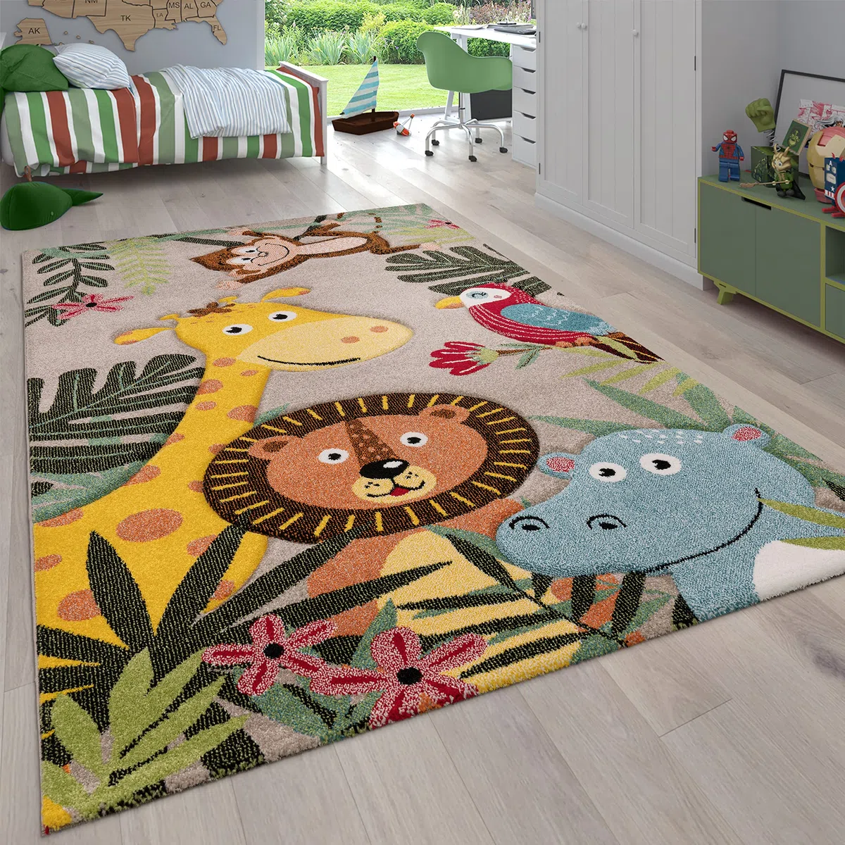 Paco Home Alfombra Habitación Infantil para Niños Motivo De Animales Y Selva Pelo Corto, tamaño:120x170 cm, Color:Beige