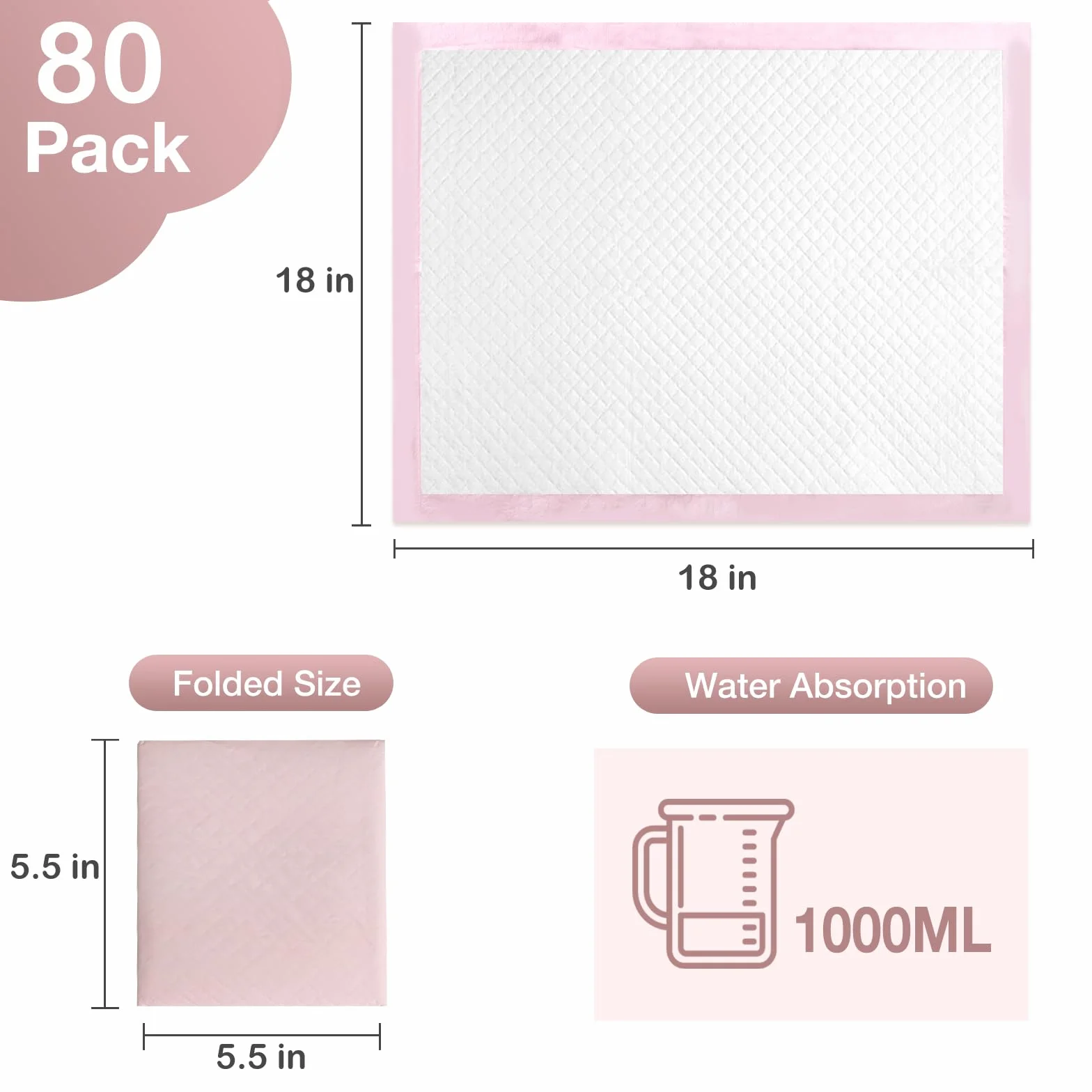 Almohadillas cambiadoras desechables, 80 unidades, almohadillas para cambiar la incontinencia del bebé, ultra suaves, superabsorbentes, impermeables, 18 x 18 pulgadas