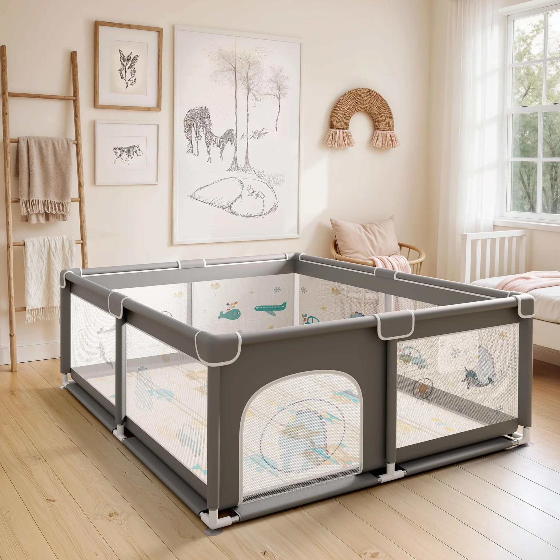JUPPLIES Parque Infantil Bebe 150x180cm + Alfombra Bebe – Corralito Bebe con Malla Transpirable – Parque de Juegos Bebe Plegable con Puerta Lateral – Playpen Bebe - Gris