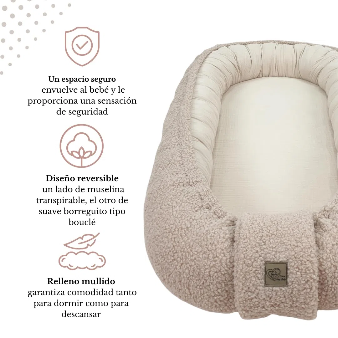 WIKLINOPOL Babynest, nido para recién nacidos – Baby Nest 80x46 cm en Beige, nido portátil de muselina y suave peluche Teddy – nido bebé para recién nacido con colchón extraíble