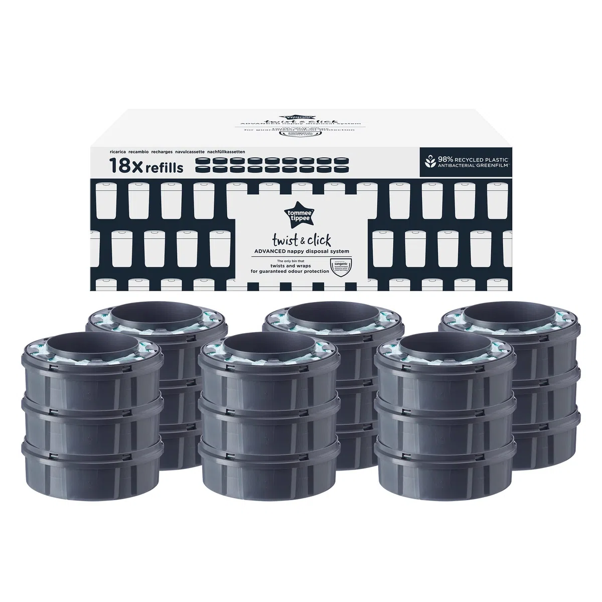 Tommee Tippee Recambios Para Contenedor Para Pañales Avanzado Twist and Click, Película GREENFILM Antibacteriana y Sostenible, Pack de 18