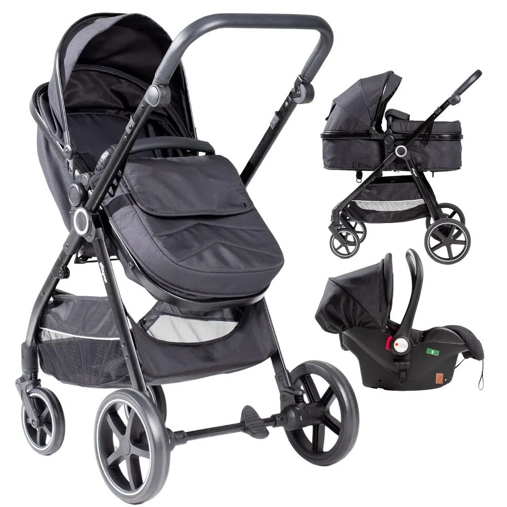 Carrito Bebe 3 en 1 Interbaby | Silla Paseo desde Nacimiento hasta 48 meses o 22 kg | Capazo Acolchado, Amortiguadores, Asiento Ajustable y Silla de Auto (Grupo 0) | Cochecito bebe Modelo Versa Negro