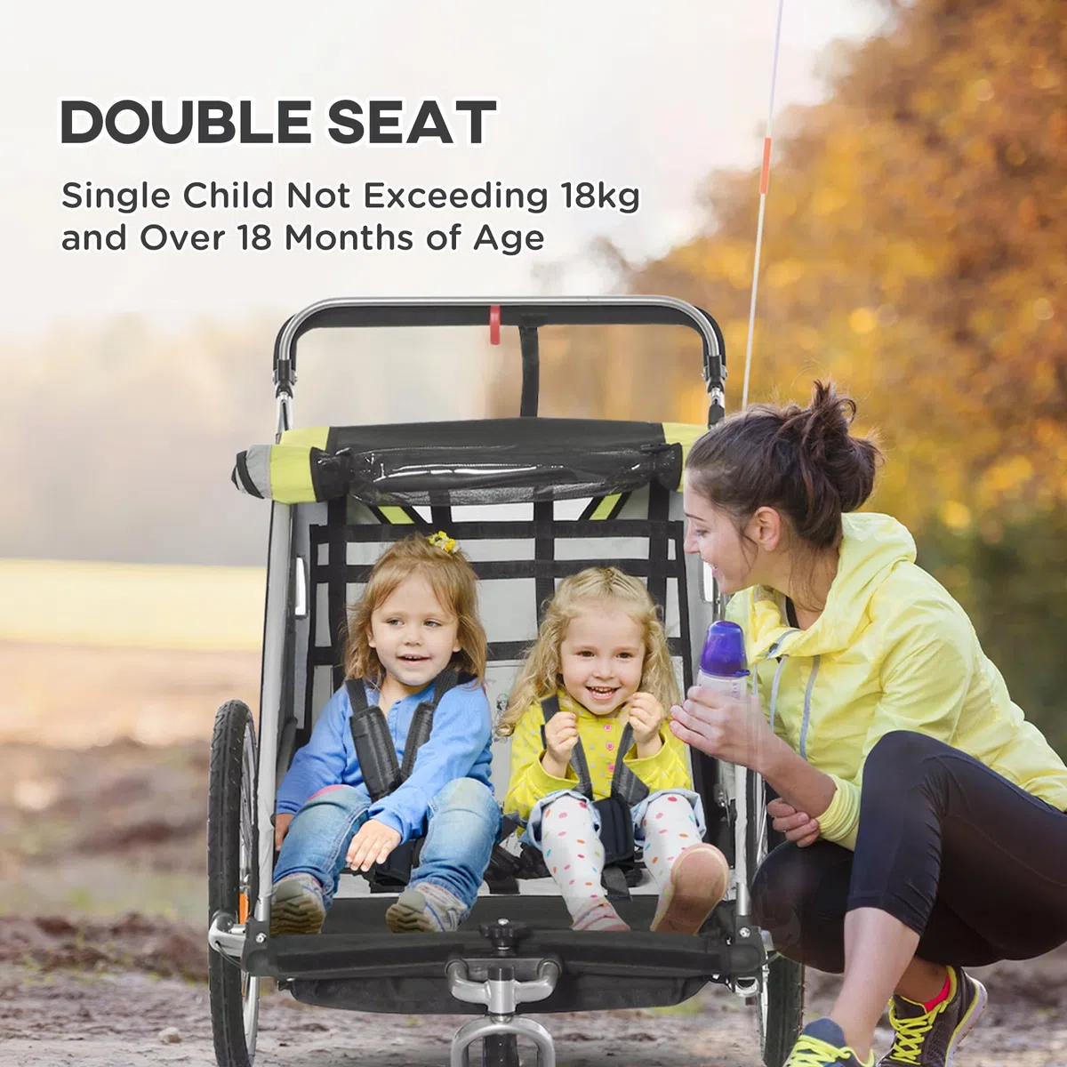 HOMCOM Remolque de Bicicleta para Niños y Silla de Paseo, Diseño 2 en 1 con Freno, Cinturón de 5 Puntos, Carrito Remolque para Bicicleta con Bolsillos Laterales, Catadióptricos y Banderita, Amarillo
