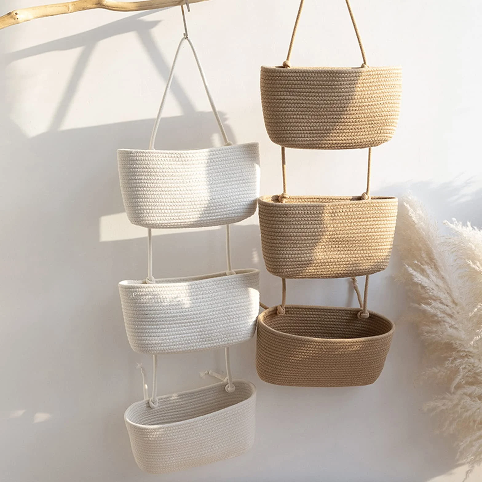 Organizador colgante, cesta colgante de pared de 3 niveles, cesta colgante de pared, cestas de almacenamiento de cuerda de algodón, cesta colgante para salón, dormitorio, baño, habitación infantil (B)