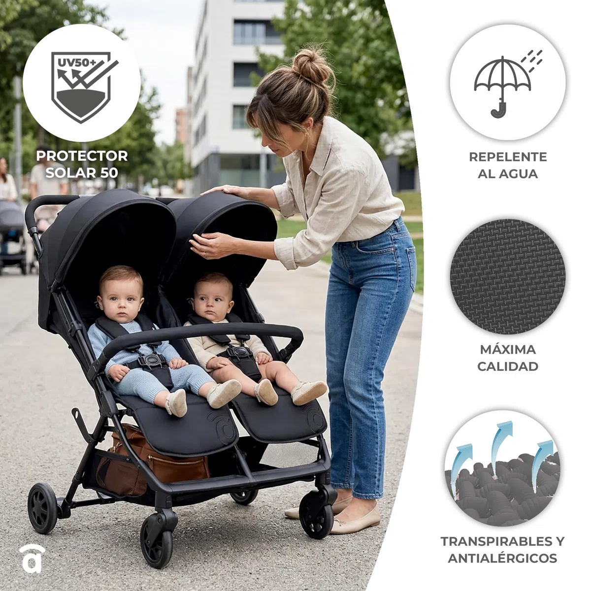 Silla de Paseo Doble para Gemelos o Hermanos, Ligera, Reclinable y Plegable con Capotas y Freno Trasero – Asalvo DOUBLE HENRY Gris