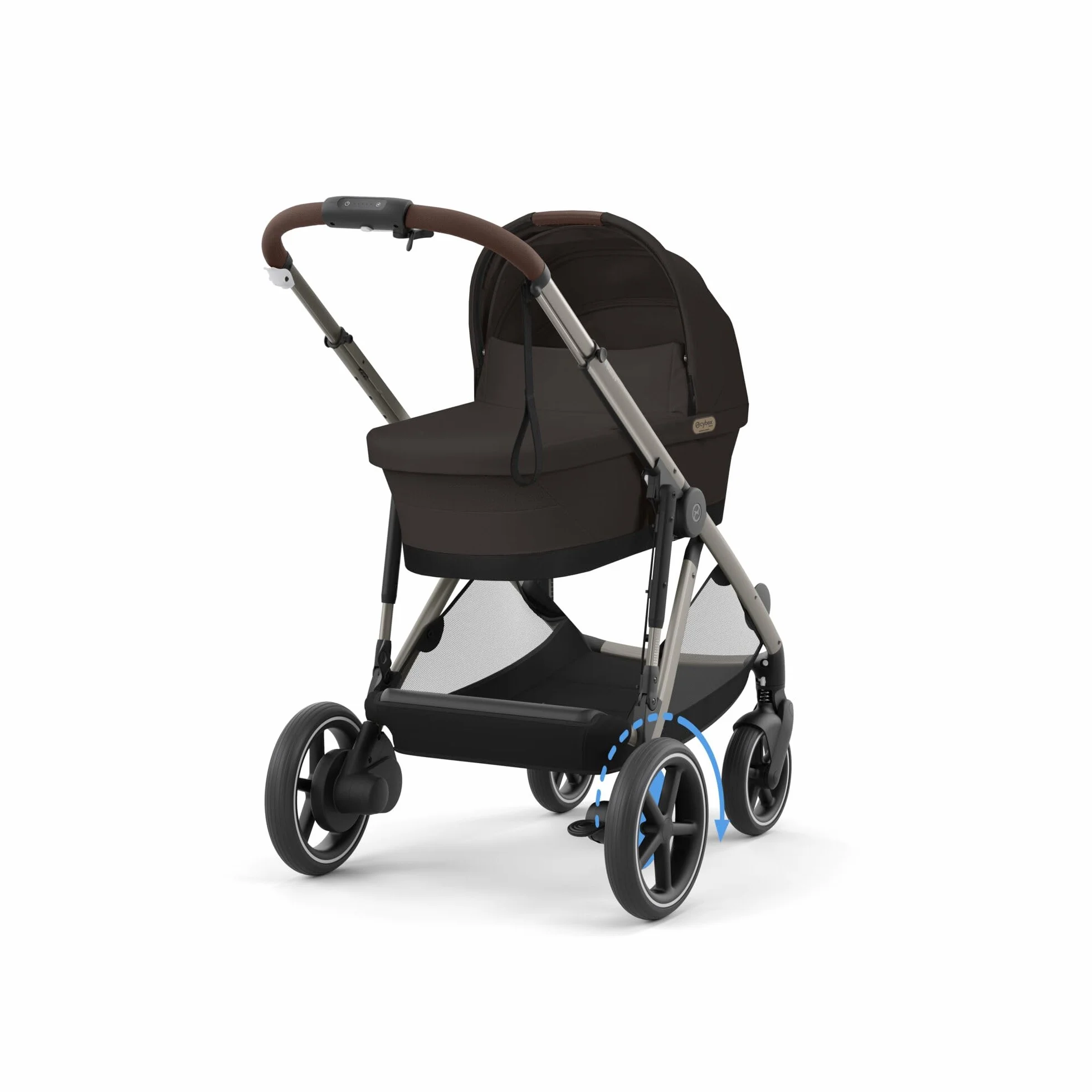 CYBEX Cochecito dorado e-GAZELLE S, máx. 22 kg (modo individual) / 2x 22 kg (modo dúo), sistema todo en 1 con accionamiento eléctrico y 20+ configuraciones, marrón chocolate