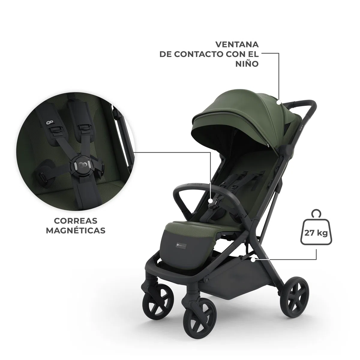 Kinderkraft NUBI 3 Silla de paseo compacta y ligera, hasta 22 kg, Buggy, con plegado automático, capota impermeable, UPF50+, Ligero 8,7 kg, posición reclinada, arnés de seguridad de 5 puntos, Verde