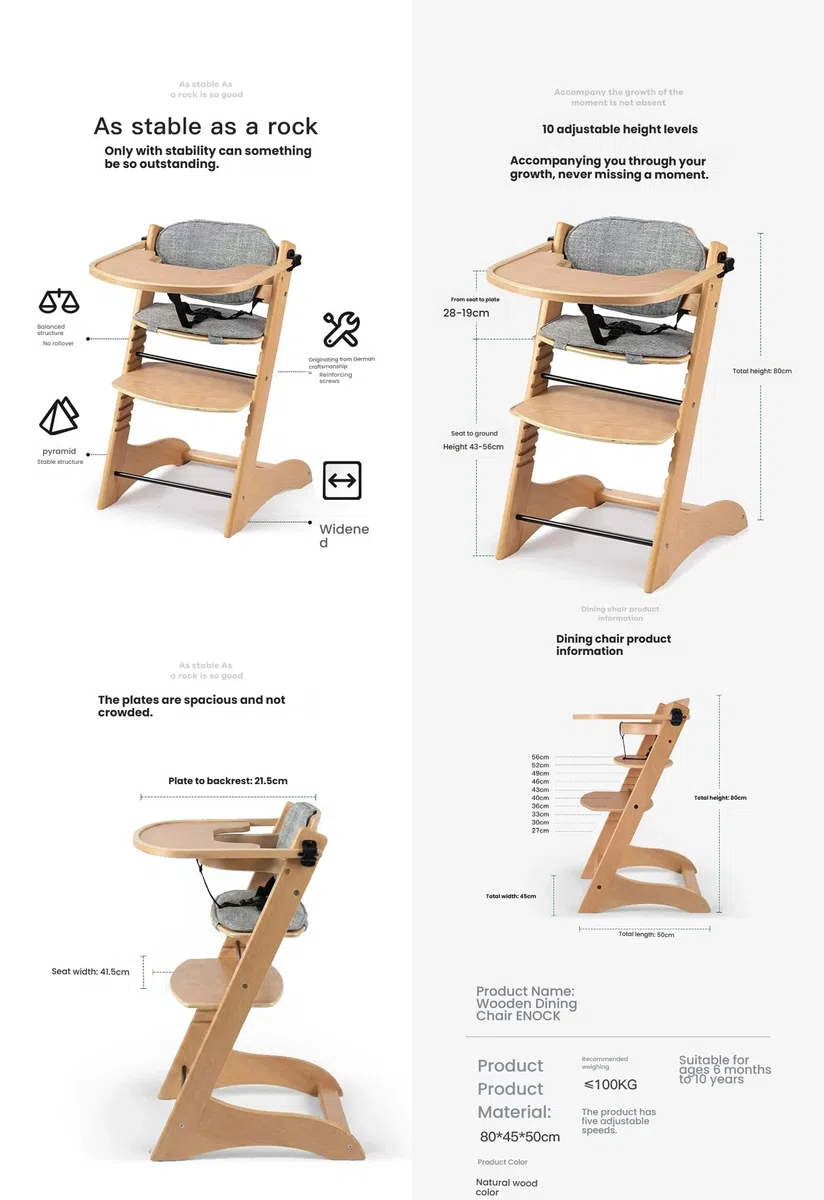 Magic ZC Trona Evolutiva de Madera Natural para Bebé, Silla de Comedor para Alimentación Niños Pequeños con Alturas Ajustables y Posiciones Convertible Multifuncional (8126 Natural Wood)