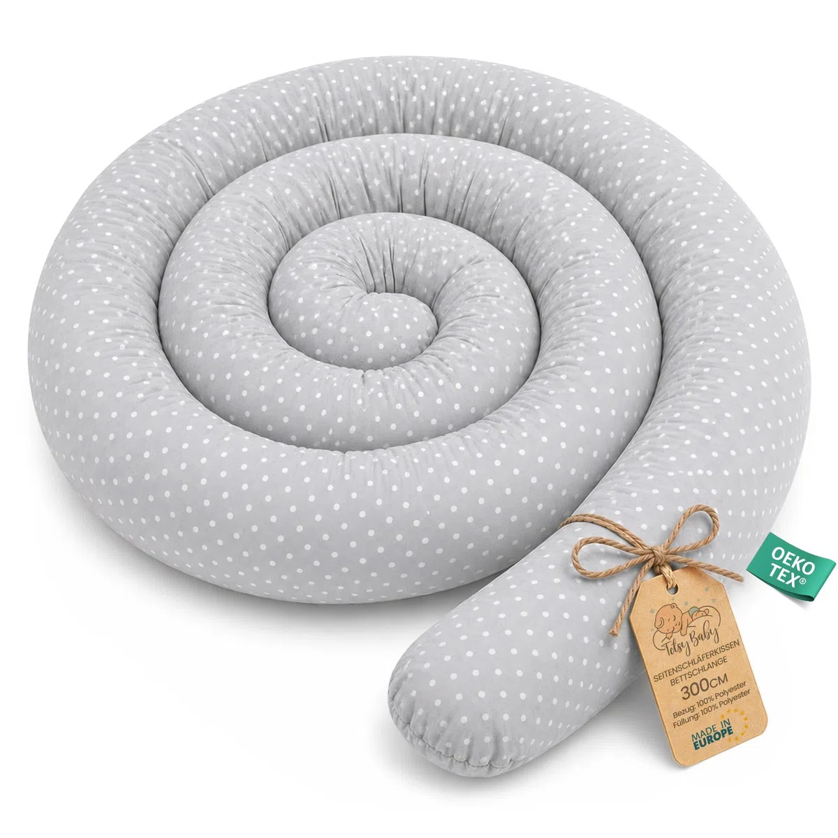 Totsy Baby Cojín Serpiente XXL Almohada de Cama Cojín de Lactancia Rollo de Cama Protector de Borde de Cama Cojín Decorativo Alrededor de Cama Serpiente XL Puntos Blancos sobre Gris 300 cm Oeko-Tex
