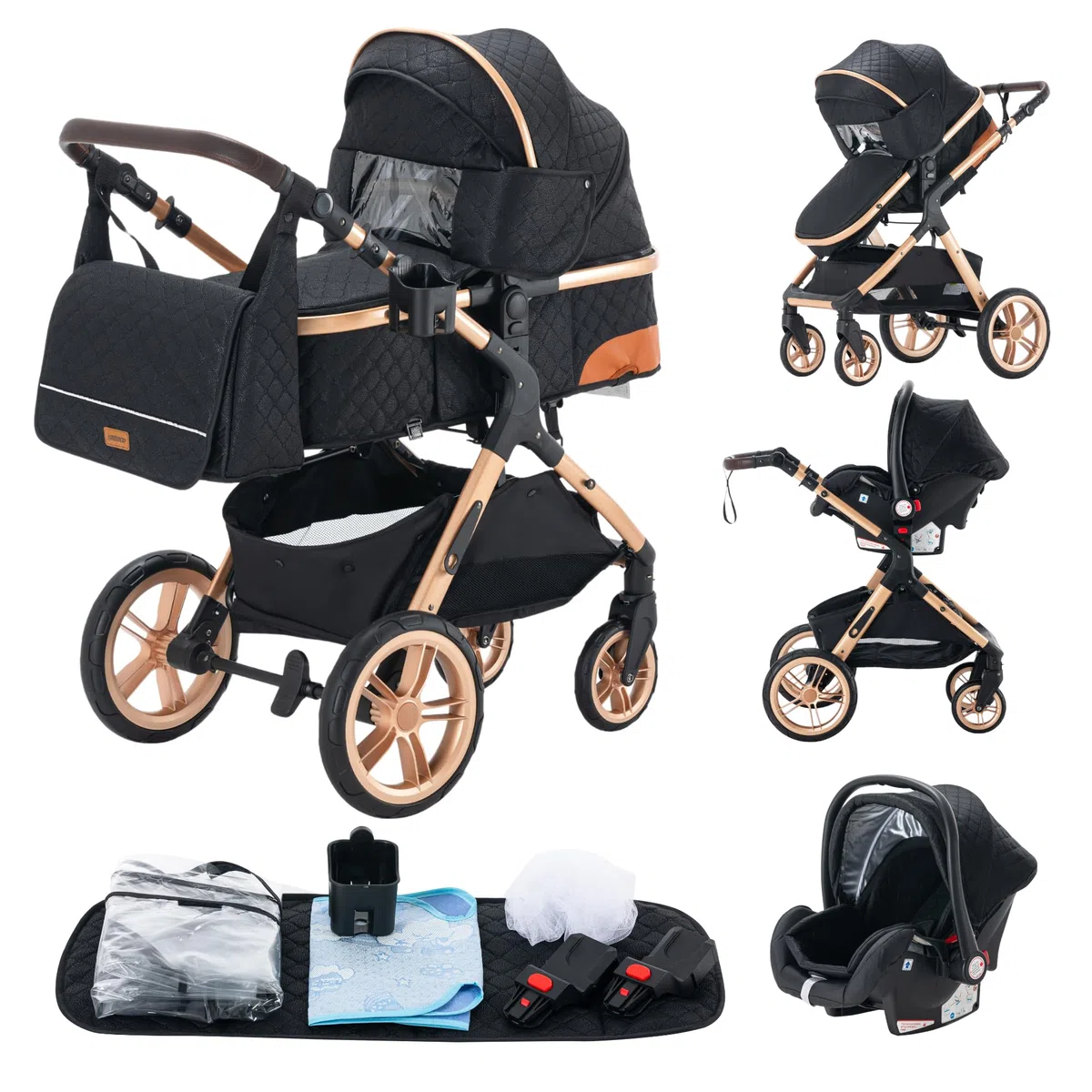 YAZOCO carrito bebe 3 en 1 Cochecito de Bebé Combinado Compacto Todoterreno Lujoso Paisaje Alto Cuatro Veces 0-36 Kg Sillas de paseo BastóN Plegable Accesorios CóModos (5 Negro)