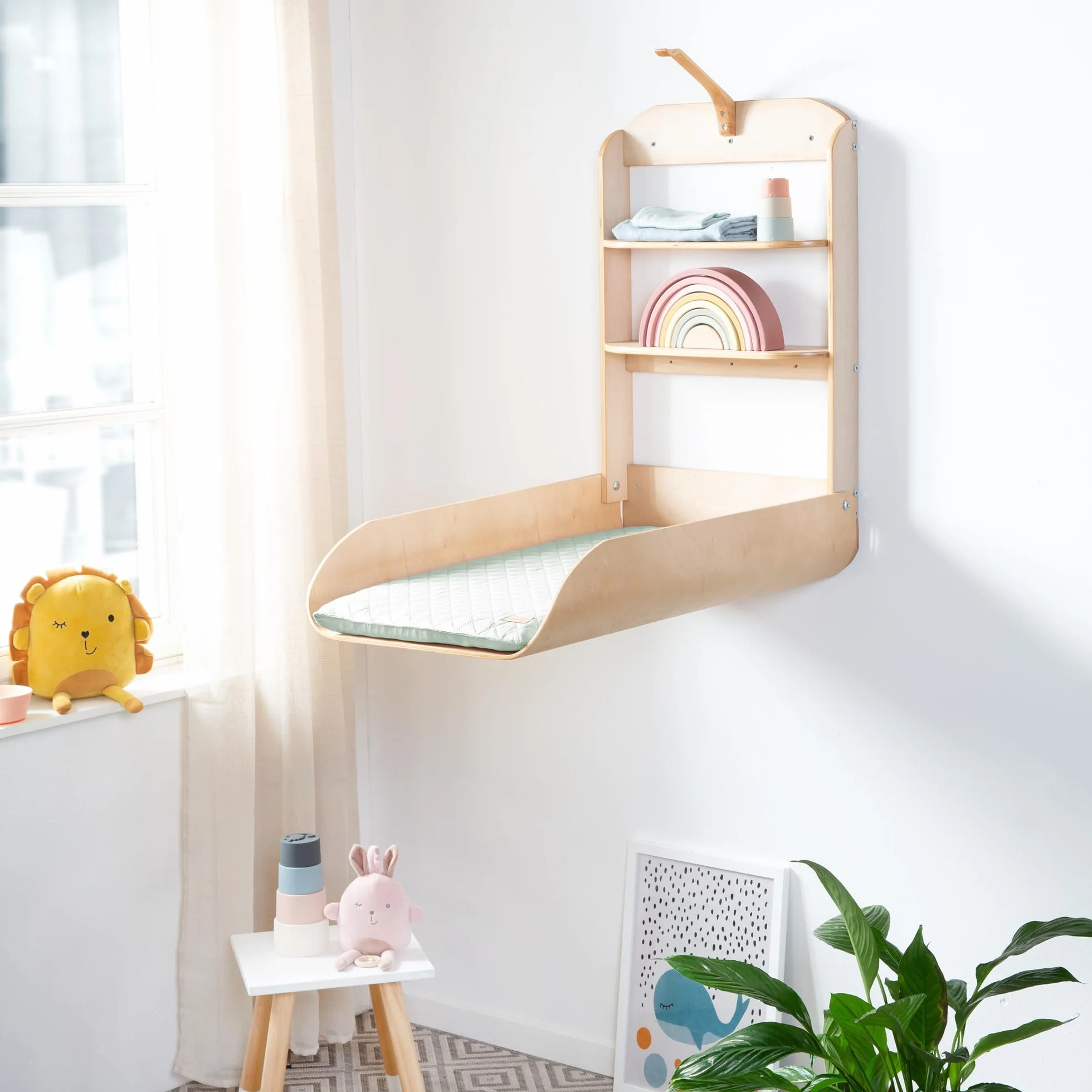roba Cambiador Plegable de Pared en Madera Natural + Colchón Impermeable Style Verde Escarcha - 2 Estantes Prácticos - Diseño Curvado y Minimalista