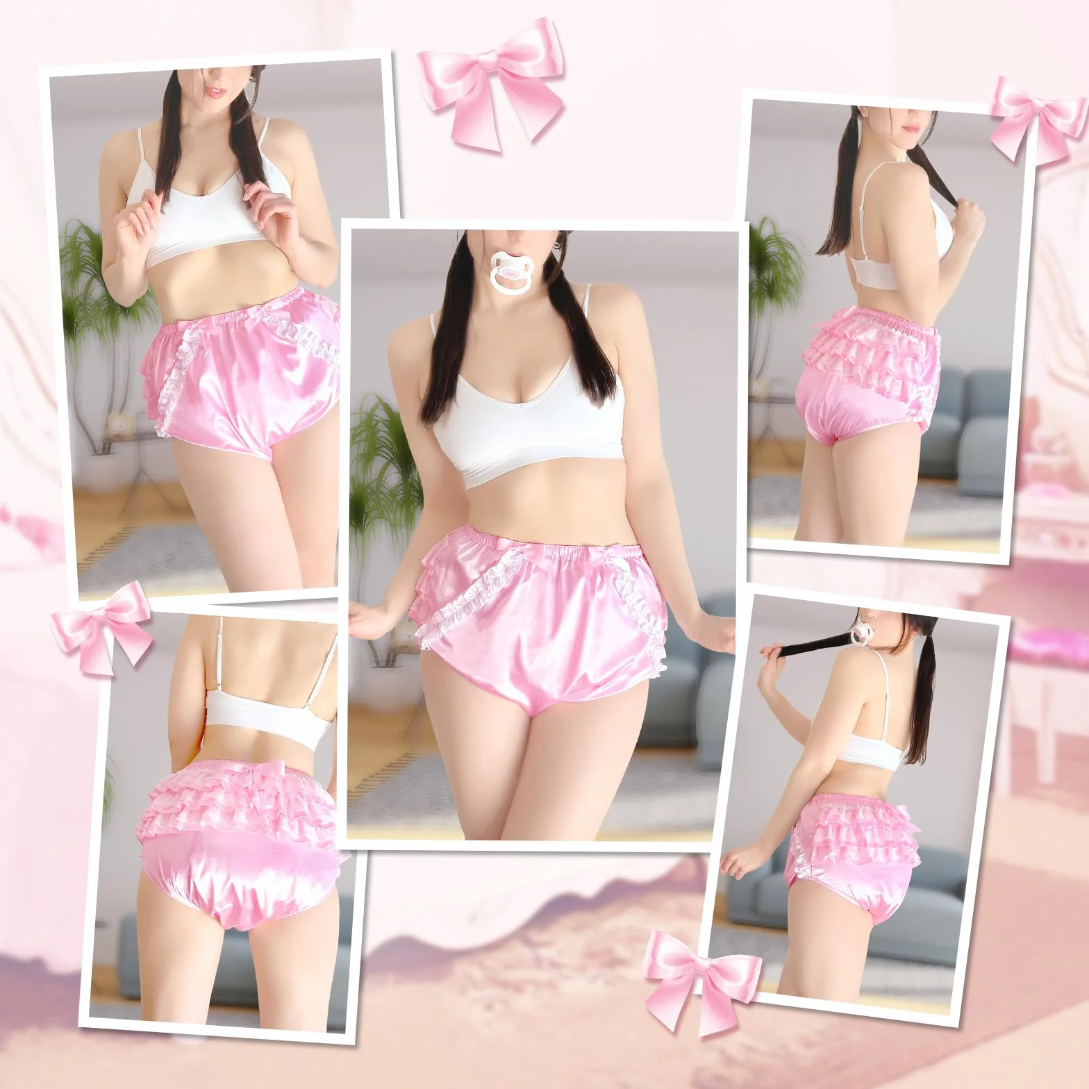 LittleForBig Lavable Reutilizable Resistente al Agua Con Volantes de Encaje y Lazo Bonitos en Rosa Satén para Cubierta de Pañal para Adultos Talla M