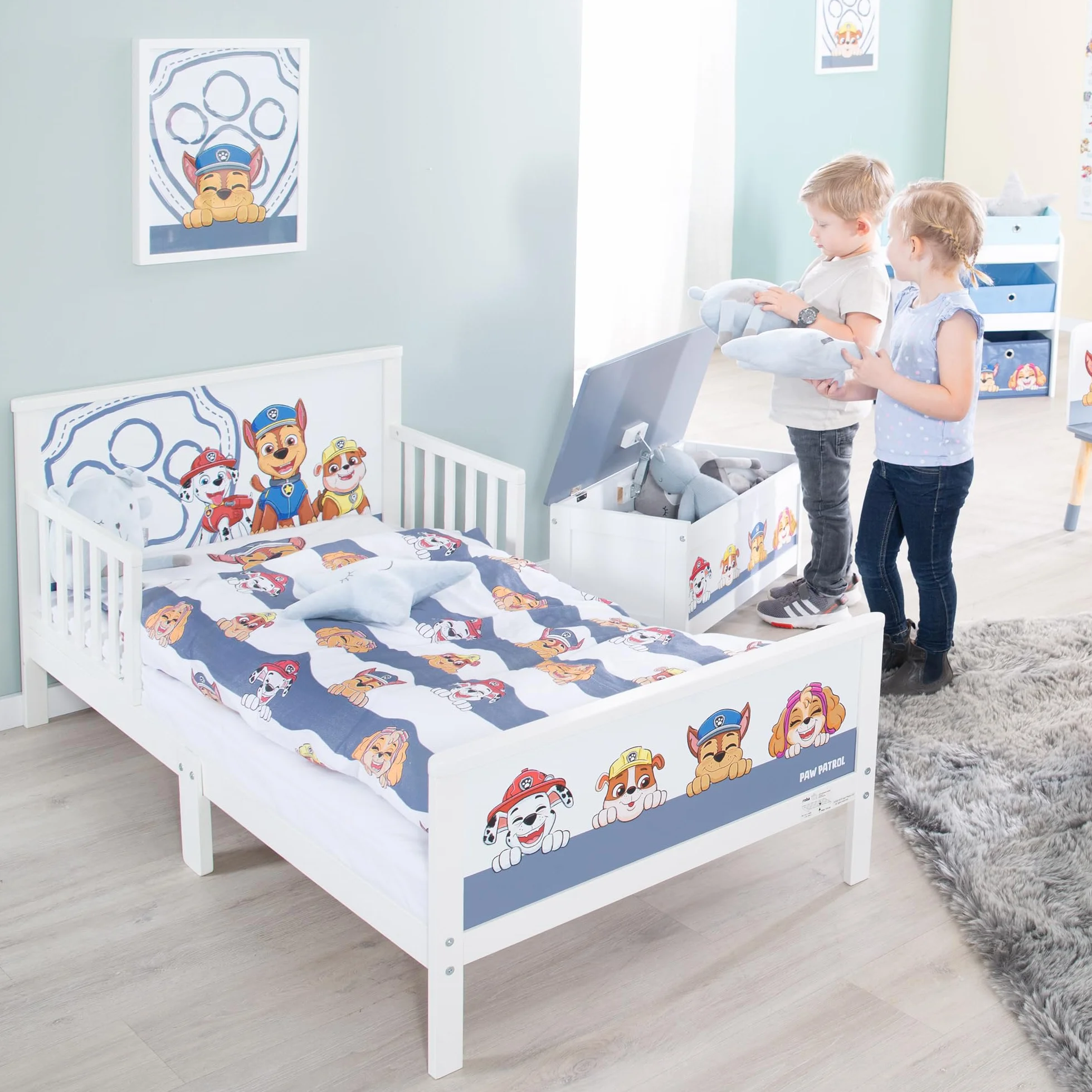 roba Paw Patrol Ropa de Cama Infantil - Funda Nórdica 100 x 135 cm + Funda de Almohada 40 x 60 cm de Algodón - Diseño de Perros Chase, Marshall, Rubble - Azul/Gris
